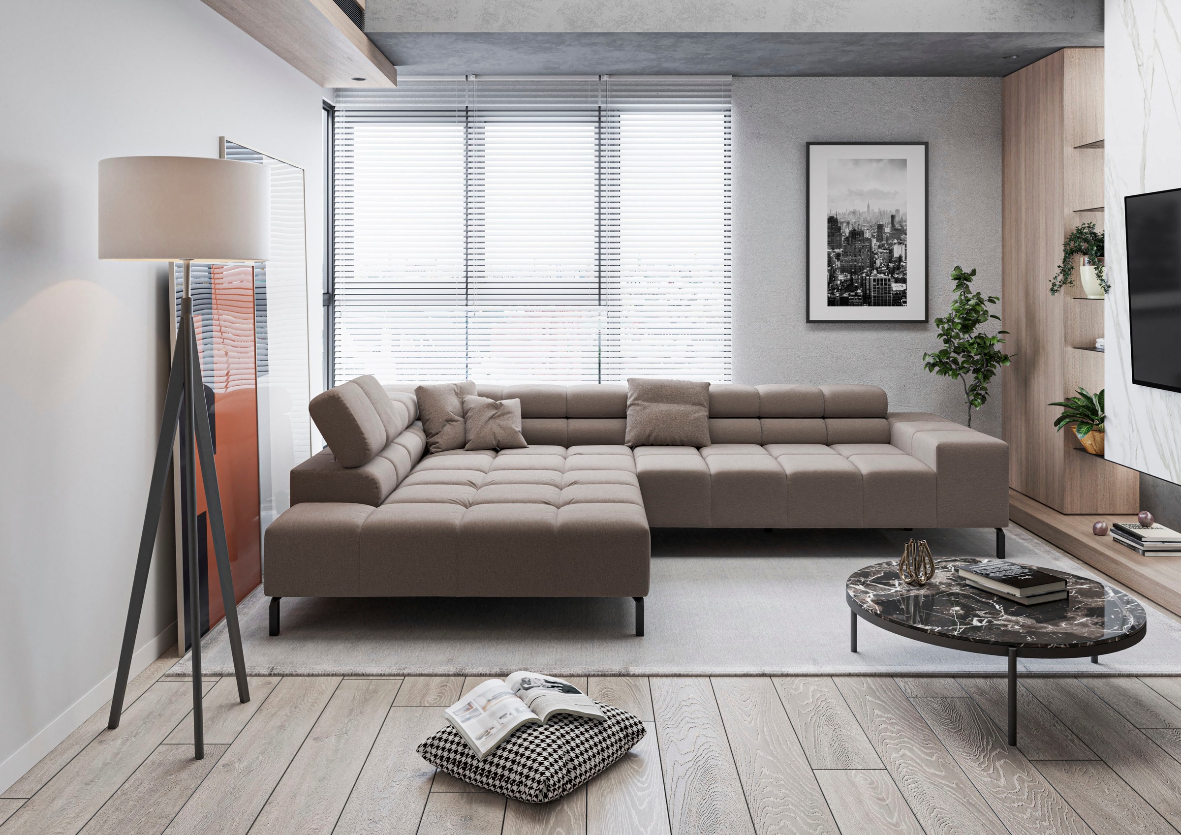 INOSIGN Ecksofa »Ancona New, wahlweise motorische Sitztiefenverstellung, auch in Cord«, feine Steppung, mit Kopfteilverstellung, 3 Zierkissen, L-Form