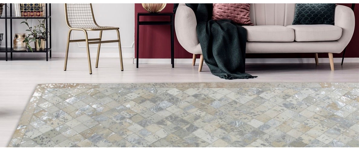 Kayoom, Lederteppich »Lavish 210 - Fellteppich« rechteckig 8 mm Höhe 100% Rindsleder, Patchwork-Dessin, Wohnzimmer, silberfarben/grau, Kuhfell, Leder,