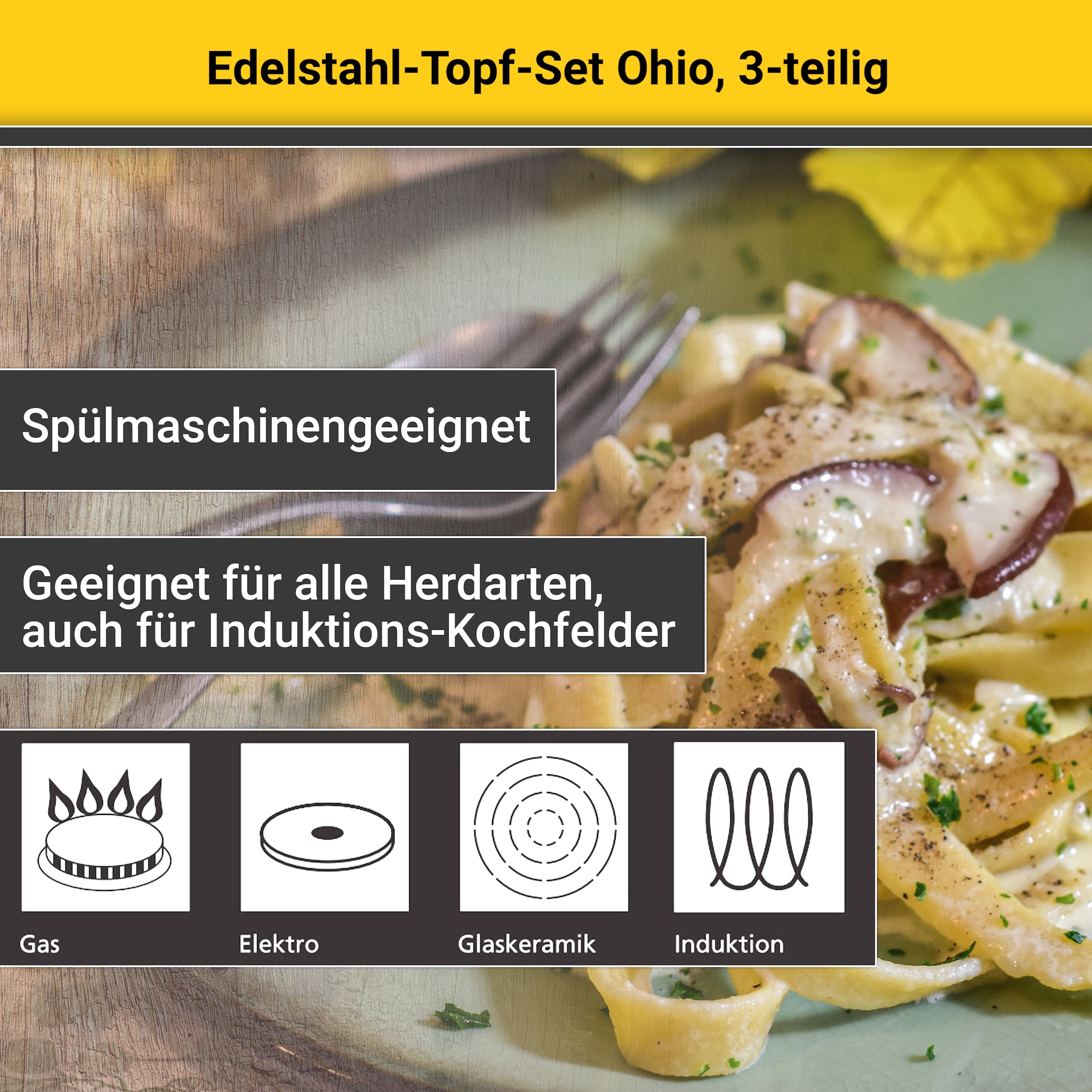 Krüger Topf-Set »Ohio«, Edelstahl, (Set, 5 tlg., 1x Bratentopf Ø 20 cm, 1x Fleischtopf Ø 16 cm, 1x Stieltopf Ø 16 cm), für Induktions-Kochfelder geeignet