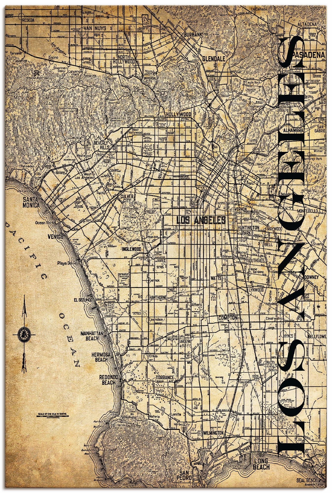 Leinwandbild »Los Angeles Karte Straßen Karte Sepia«, Amerika, (1 St.), auf Keilrahmen...