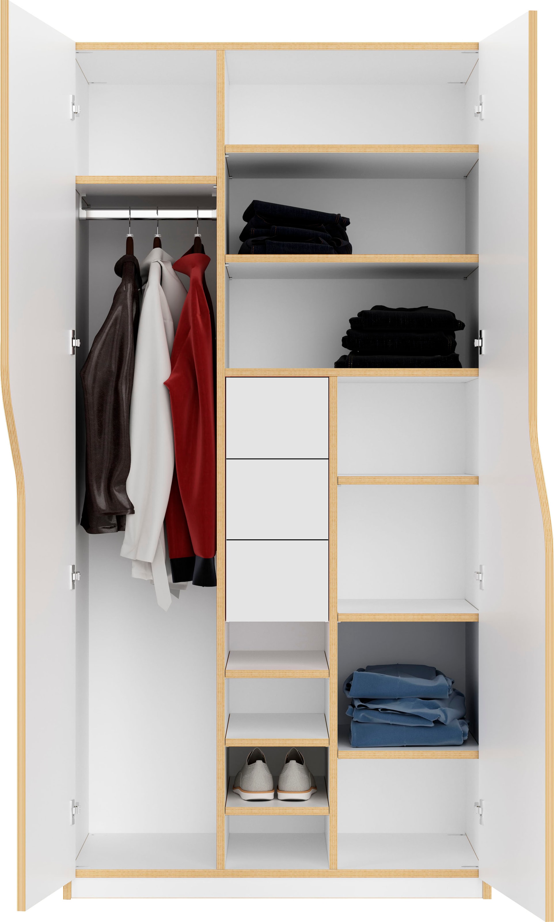 Müller SMALL LIVING Kleiderschrank 4«, Kleiderstange bequem »PLANE 12 innenliegenden Nr. und Ausstattung inklusive Schubladen, 3 Fächern kaufen