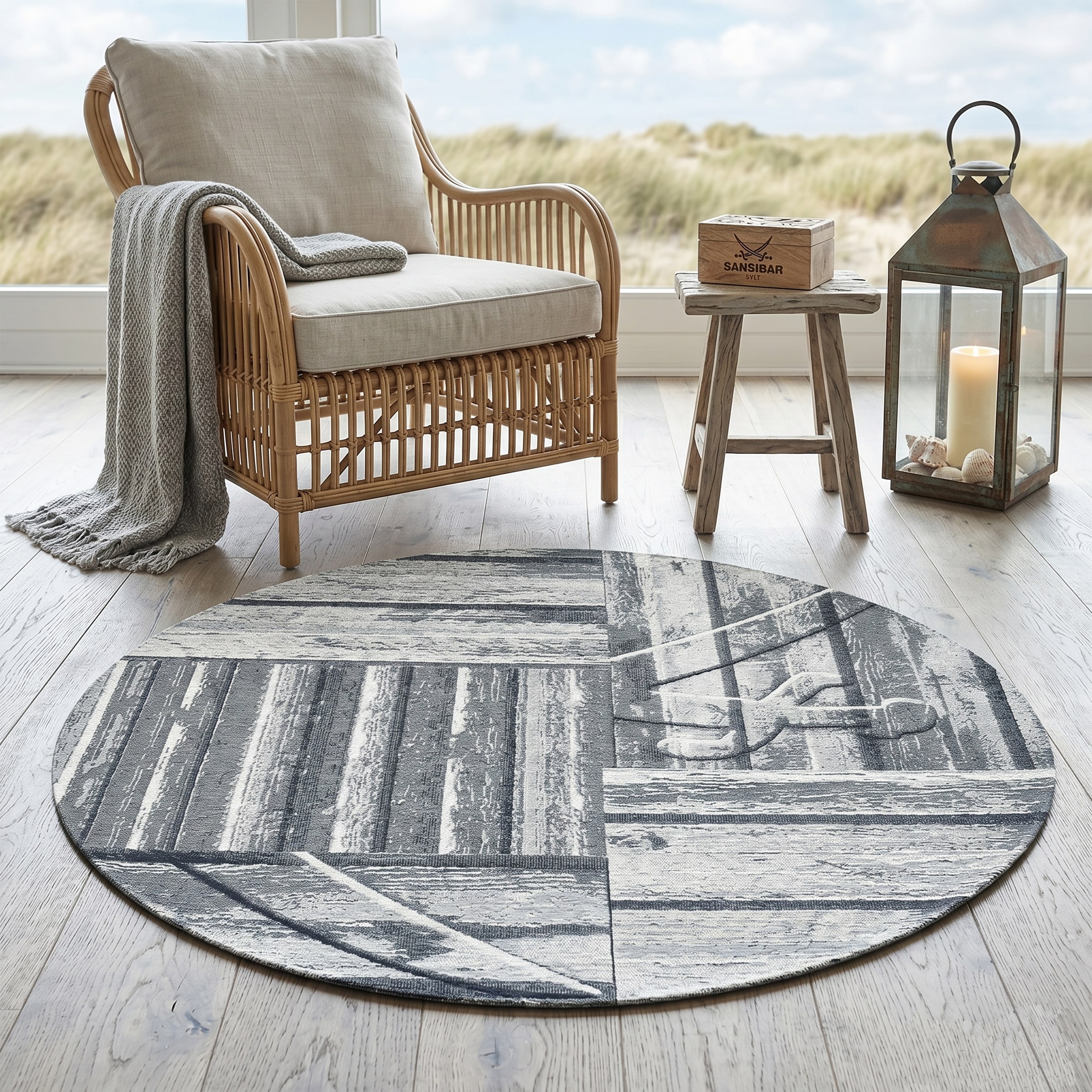 Sansibar Teppich »Keitum 010« rund 3 mm Höhe Flachgewebe, modernes Holz Design, Motiv, gekreuzte Säbel
