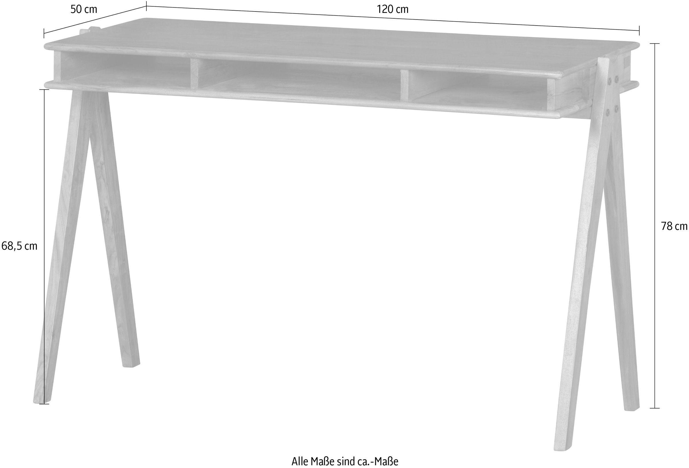 WOOOD Schreibtisch »Compartment aus Akazienholz mit drei offenen Fächern 120x50x78 cm« Tragkraft Blatt 25 kg, einfach zu montieren, sichtbare Maserung