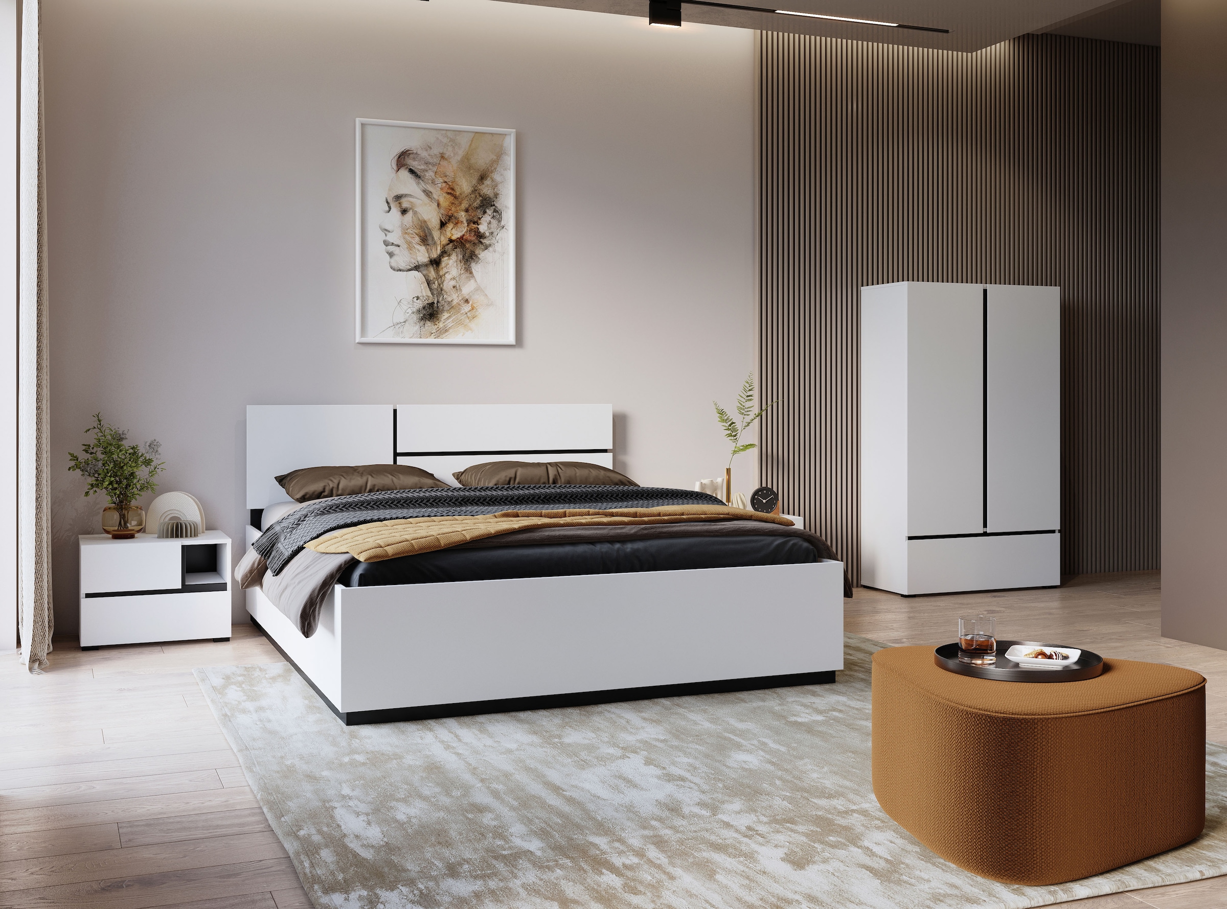 Home affaire Schlafzimmer-Set »Cross, moderne, grifflose Optik, FSC-zertifiziert«, (4 tlg., Bett 180x200cm, 2 Nachtkommoden, Schrank 2-oder 4-türig), Komplettschlafzimmer-Set