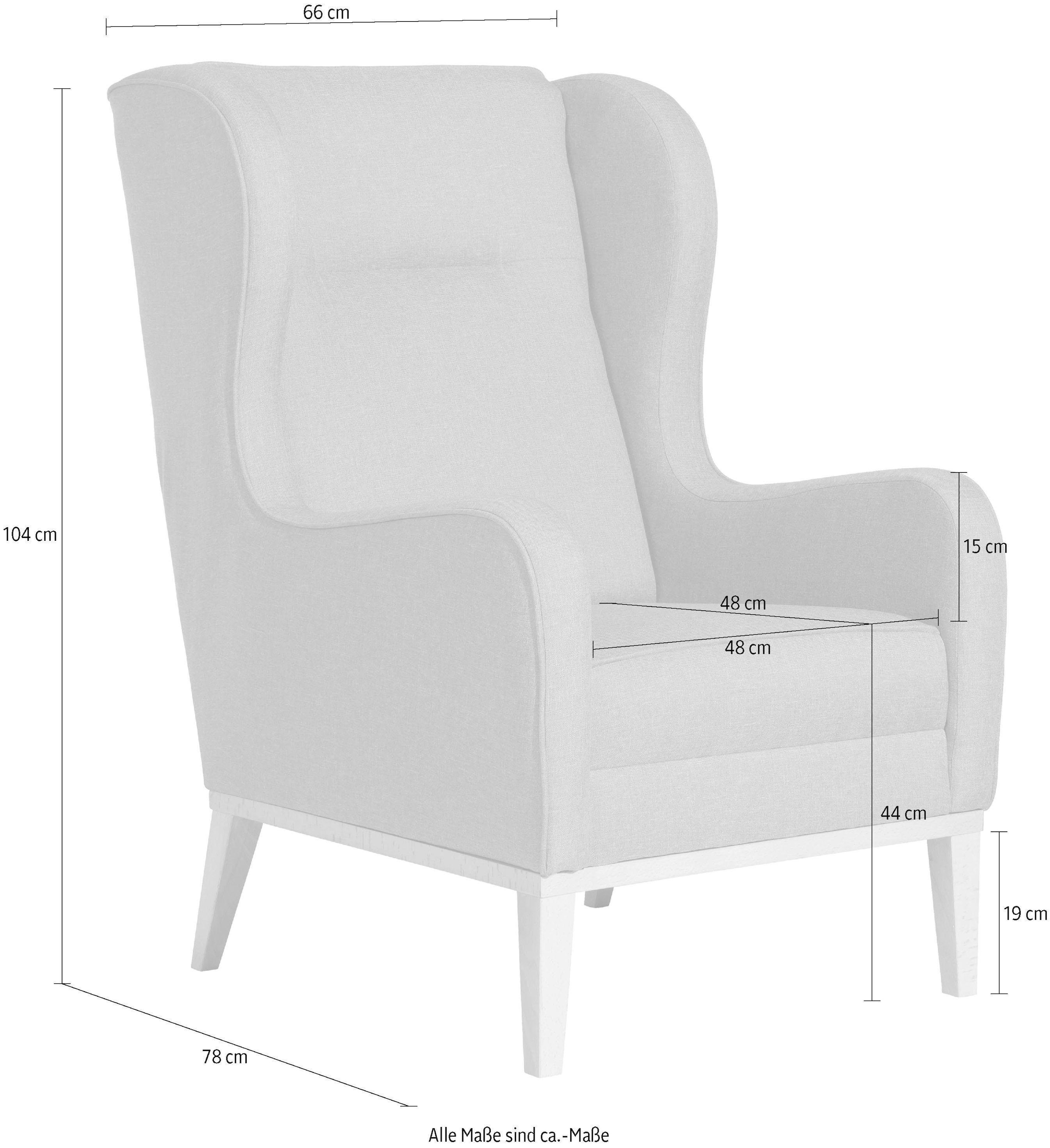 Max Winzer® Ohrensessel »Anthony eleganter Hochlehner, Designsessel, bequem und komfortabel«, mit umlaufendem Holzsockel & Kedernaht, Solitärmöbel mit hohem Holzfuß