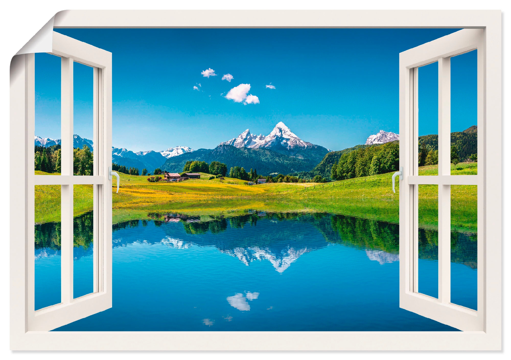 Wandbild »Fensterblick Alpen und Bergsee«, Berge, (1 St.), als Leinwandbild, Poster,...