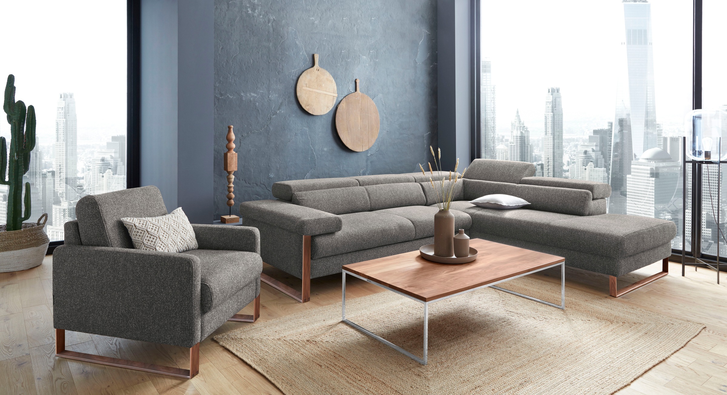 W.SCHILLIG Ecksofa »finn, Designsofa mit tollem Sitzkomfort, bequem, L-Form«, German Design Award 2016, Fußgestell Nussbaum natur, Breite 281 cm