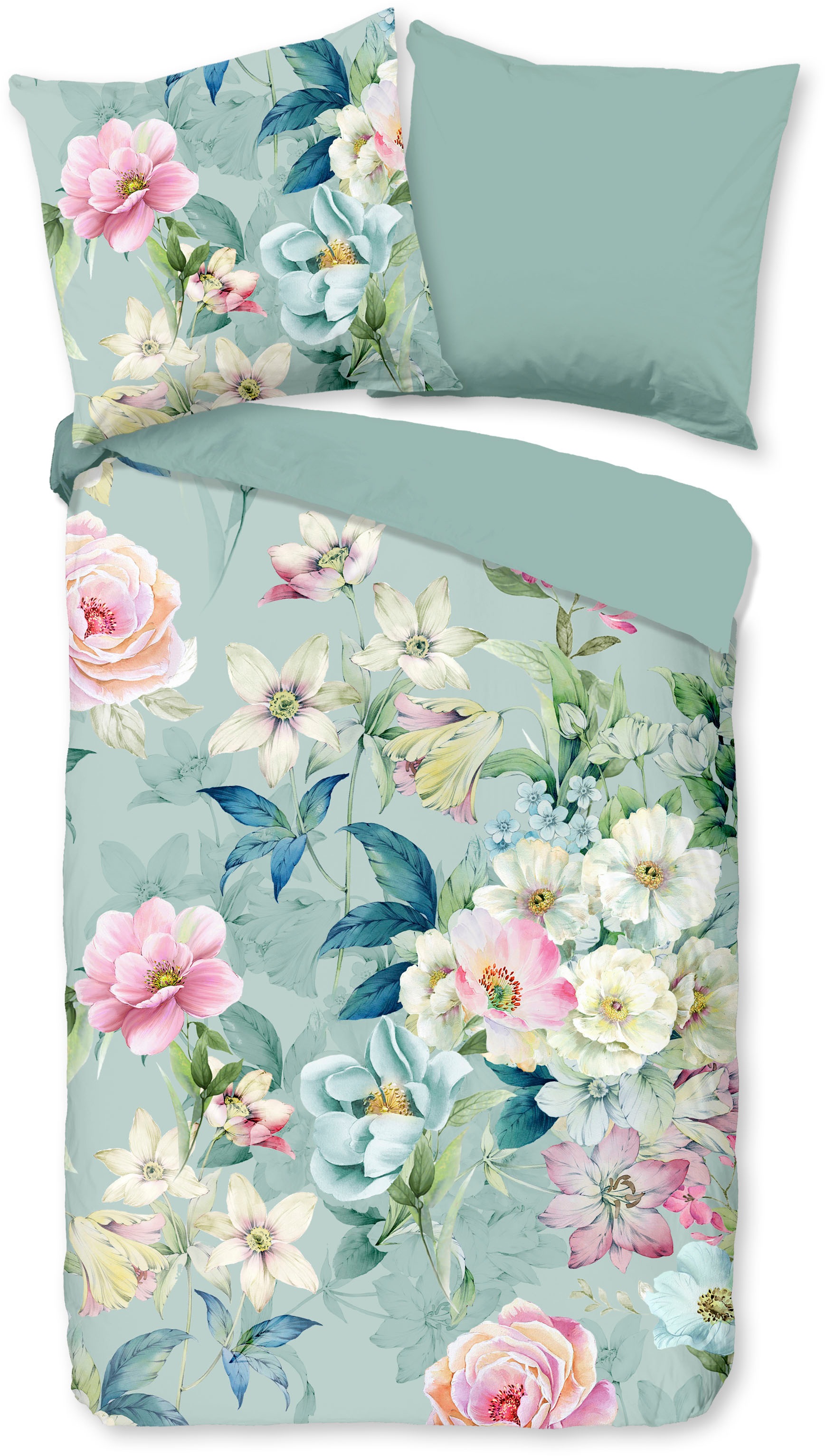 good morning Wendebettwäsche »Casa«, 100% Baumwolle, 135x200, Reißverschluss, Wendeoptik, Blumen, Türkis