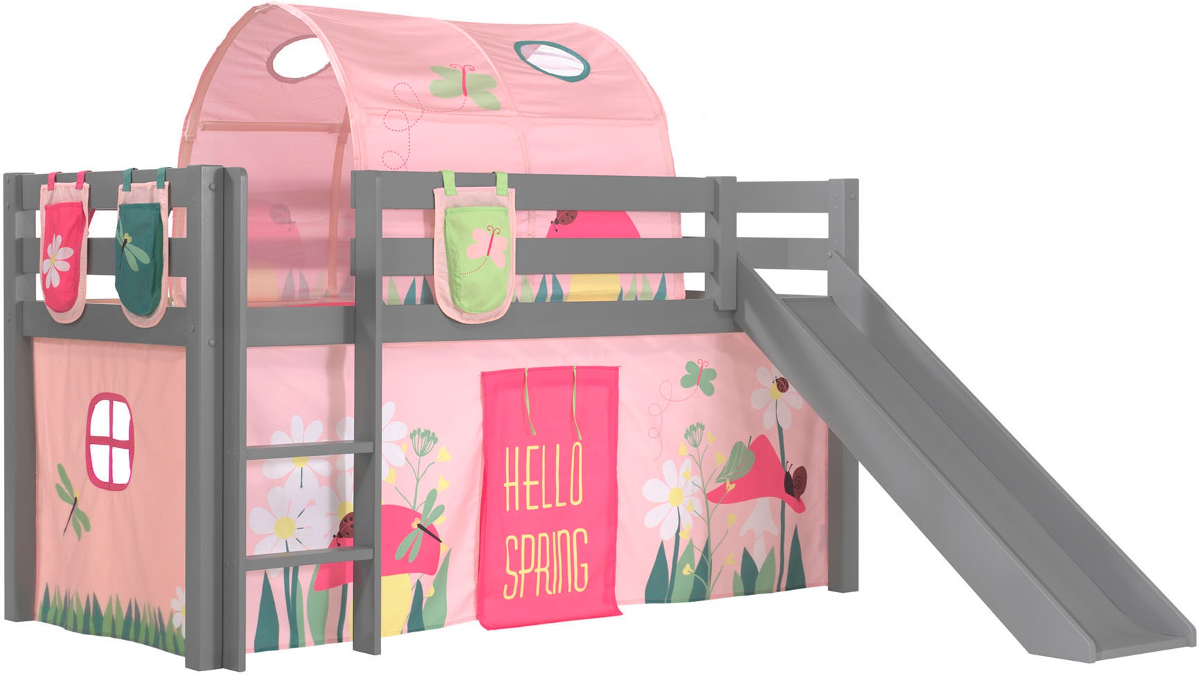 Vipack Hochbett »Pino, Spielbett massiv Kiefer, stabil gebaut, 3 Korpusfarben zur Wahl«, (inkl. Rolllattenrost, Leiter und Absturzschutz, mit oder ohne Rutsche), Textil-Set "Spring", inkl. Vorhang, mit oder ohne Tunnel