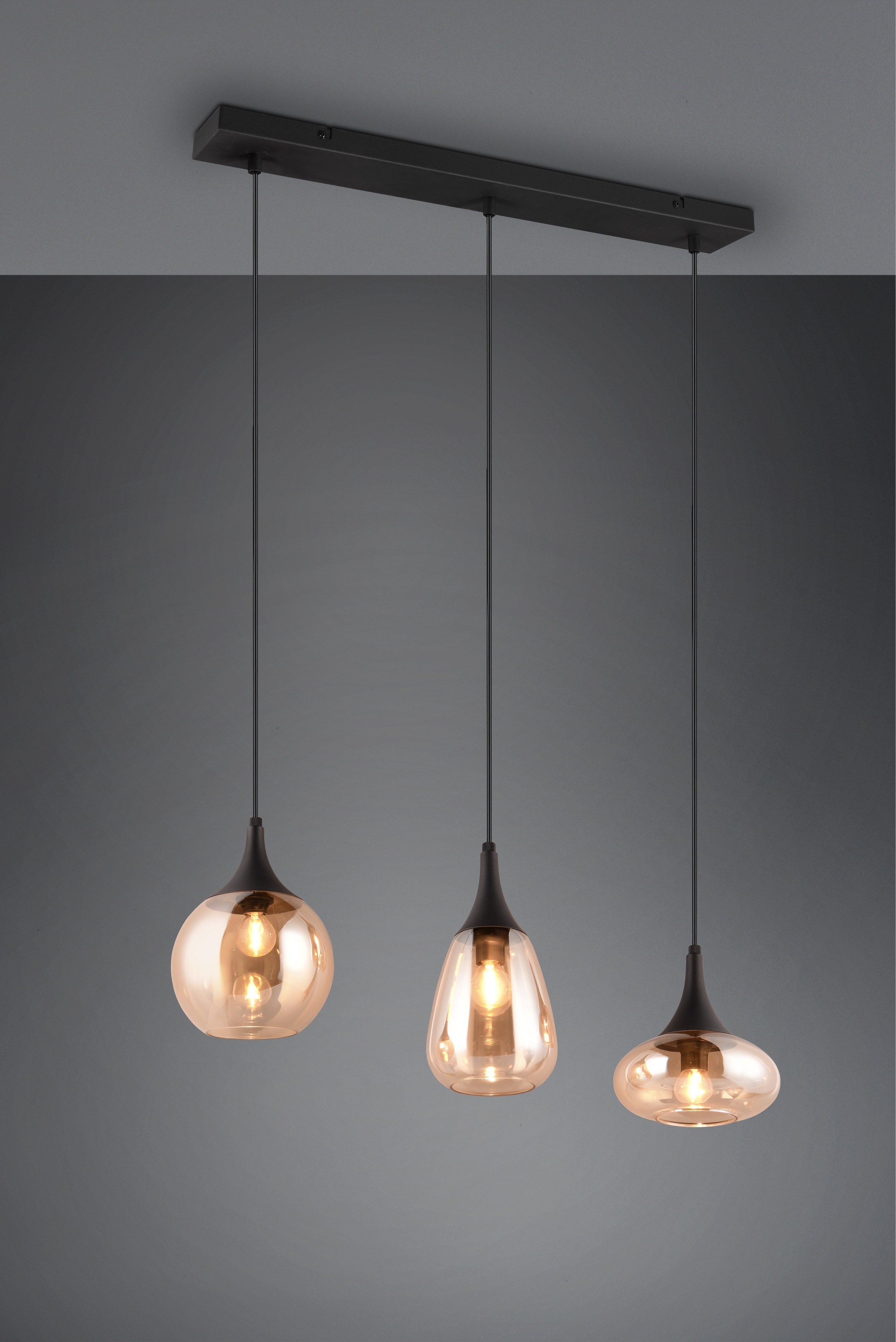 TRIO Leuchten Pendelleuchte »Lumina, E14 Hängelampe 3-flammig Glasschirme in 3 Formen amberfarbig« E14 1 Stk. warmweiß - kaltweiß exkl 3x E14 max 40W, Hängeleuchte höhenverstellbar bis max 150 cm