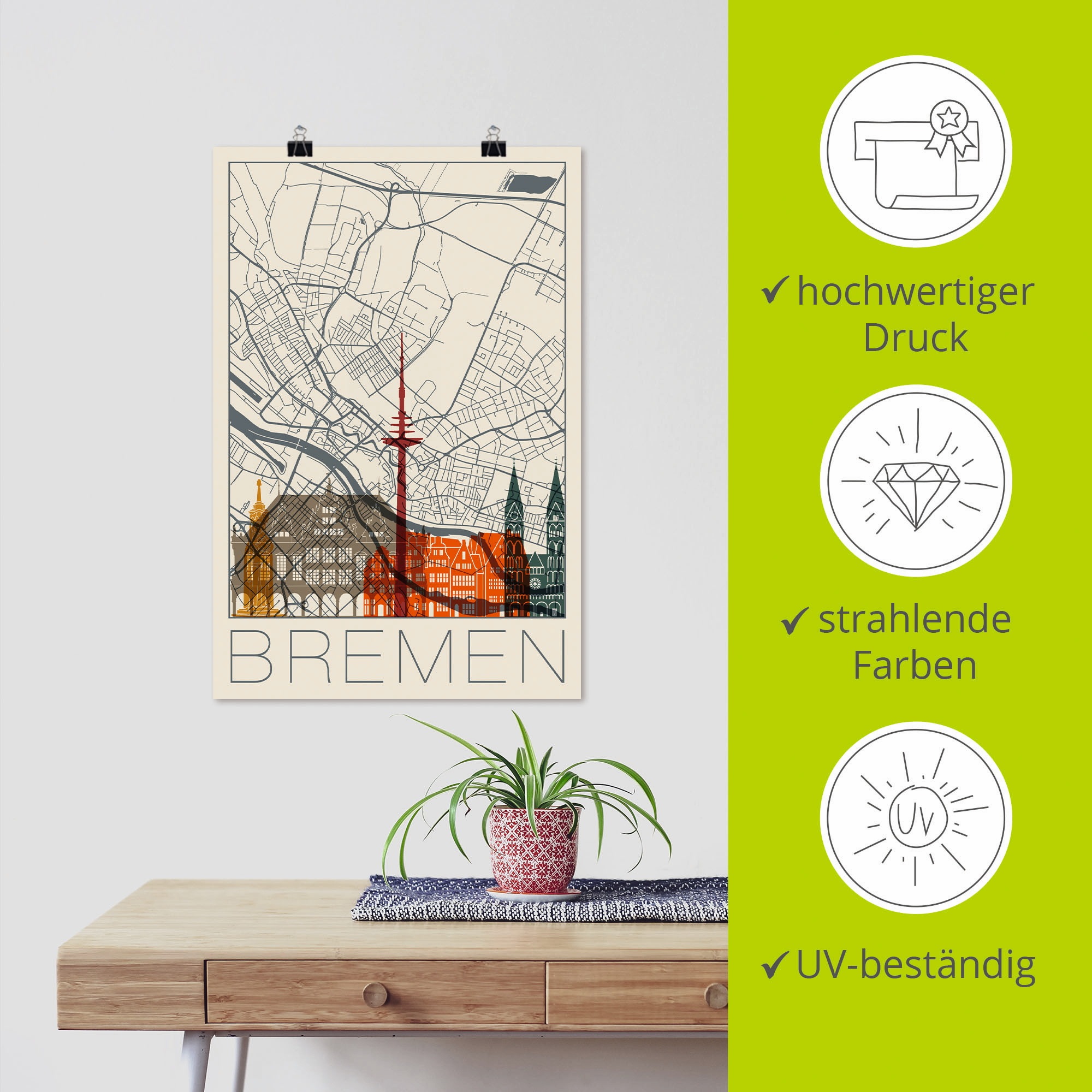 Artland Wandbild »Retro Karte Bremen«, Deutschland, (1 St.), als Alubild, Outdoorbild, Poster in verschied. Größen