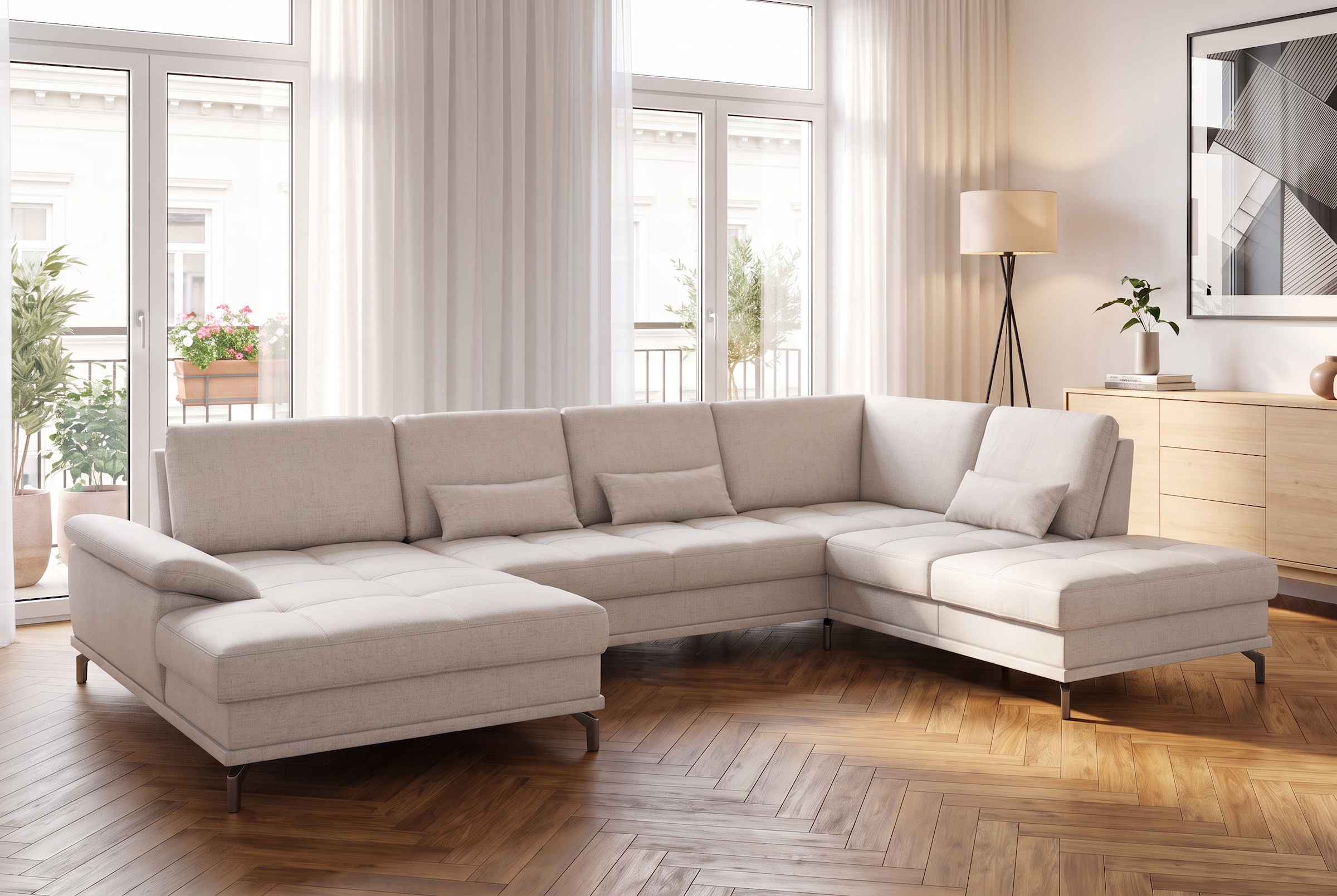 OTTO home Wohnlandschaft »Costello U-Form, Sitztiefen- & Armteilverstellung, 3 Nierenkissen« optional Schlaffunktion & Stauraum, Federkern
