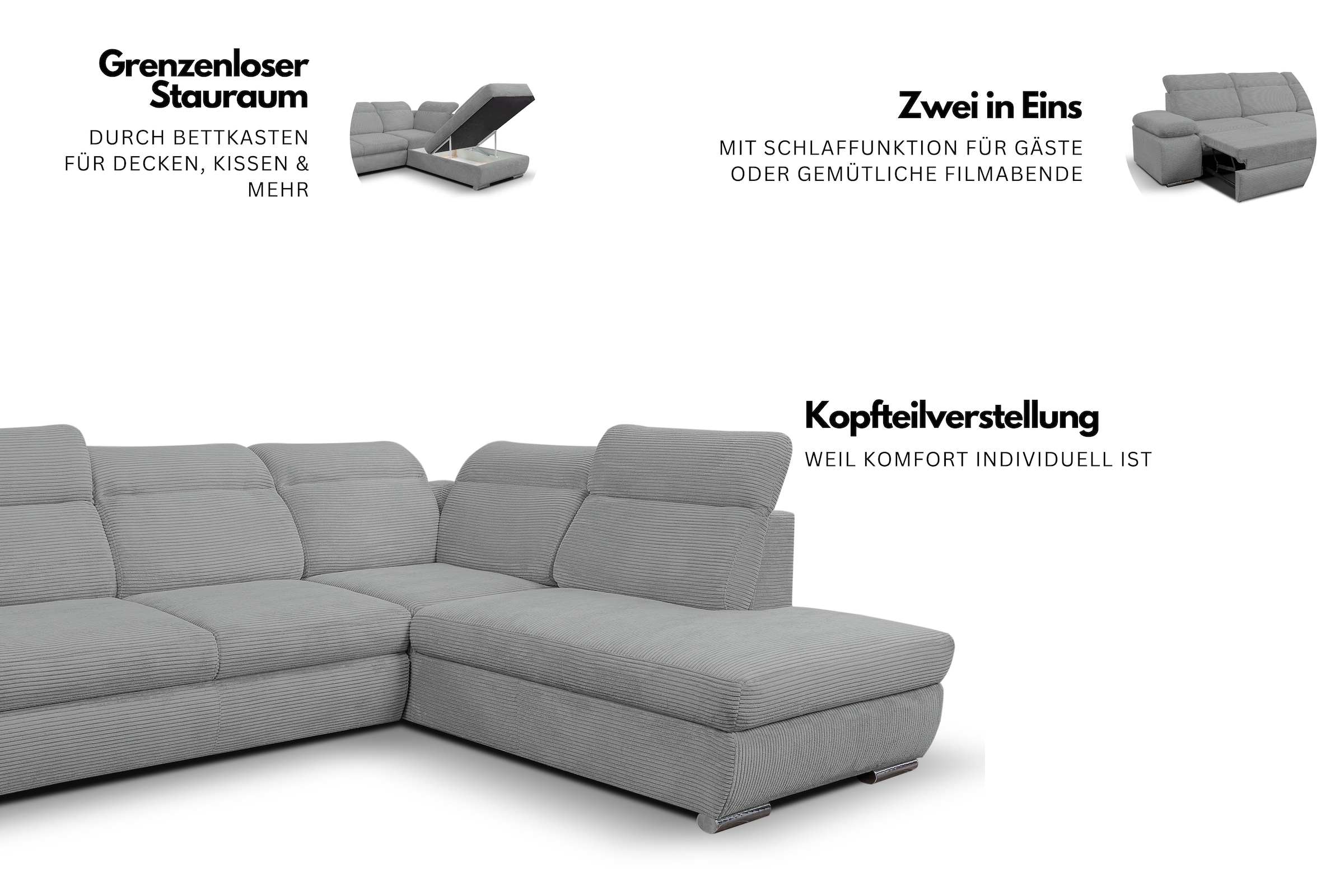WERK2 Ecksofa »Alicante Cord, inkl. Bettfunktion & Bettkasten, Breite 280cm, L-Form« Schlafsofa mit Bettkasten & verstellbaren Kopfstützen.