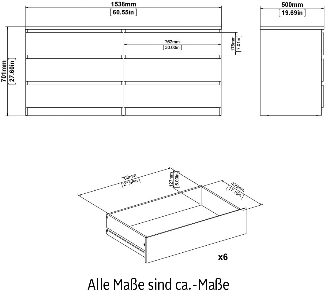 INOSIGN Kommode »Naia, Aufbewahrung, Schubladenschrank, Sideboard,«, Sideboard mit 6 Schubladen, Breite 153 cm, Höhe 70 cm