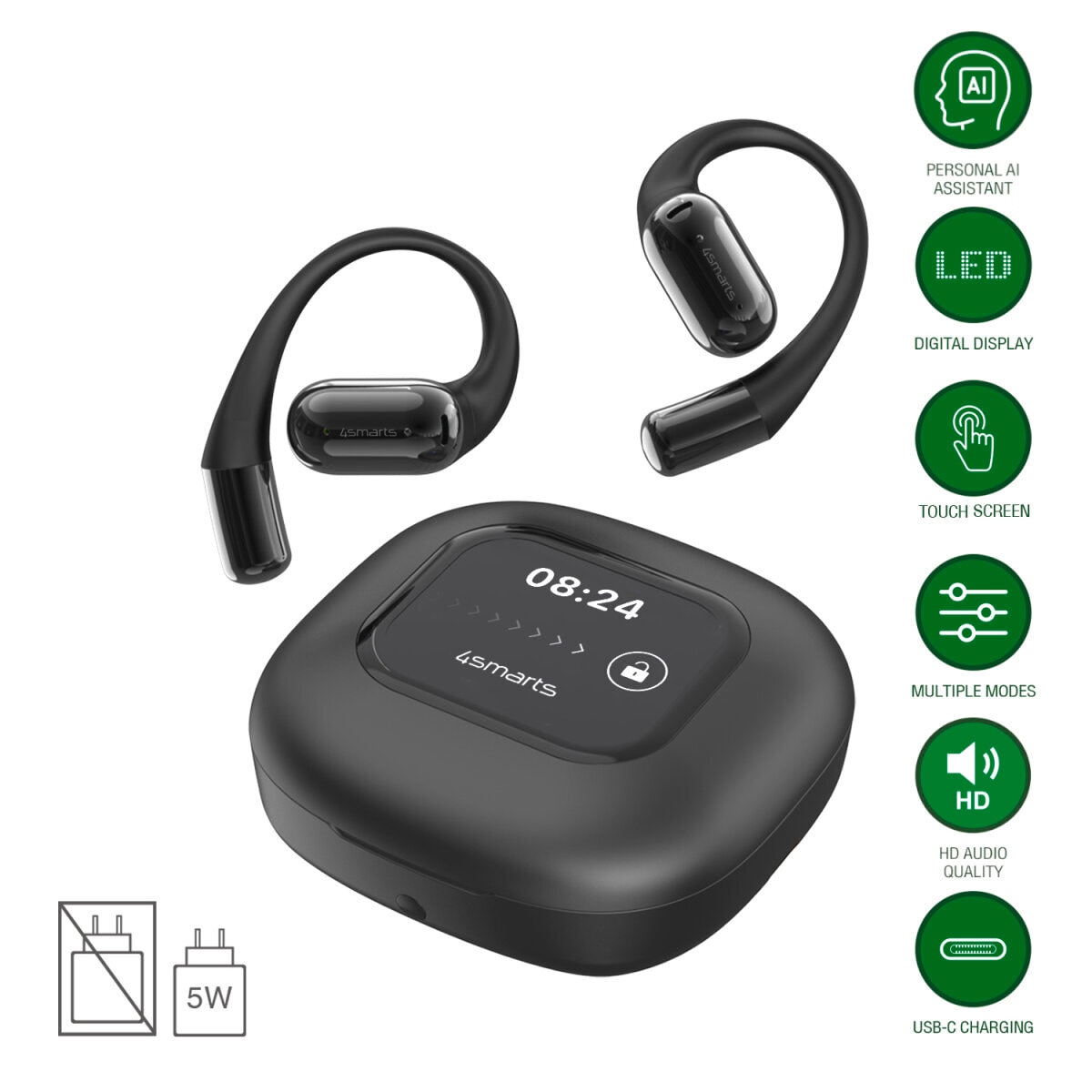 4smarts wireless Kopfhörer »Open-Ear Bluetooth Kopfhörer SkyBuds AI Screen«, A2DP Bluetooth-AVRCP Bluetooth-HFP, Freisprechfunktion
