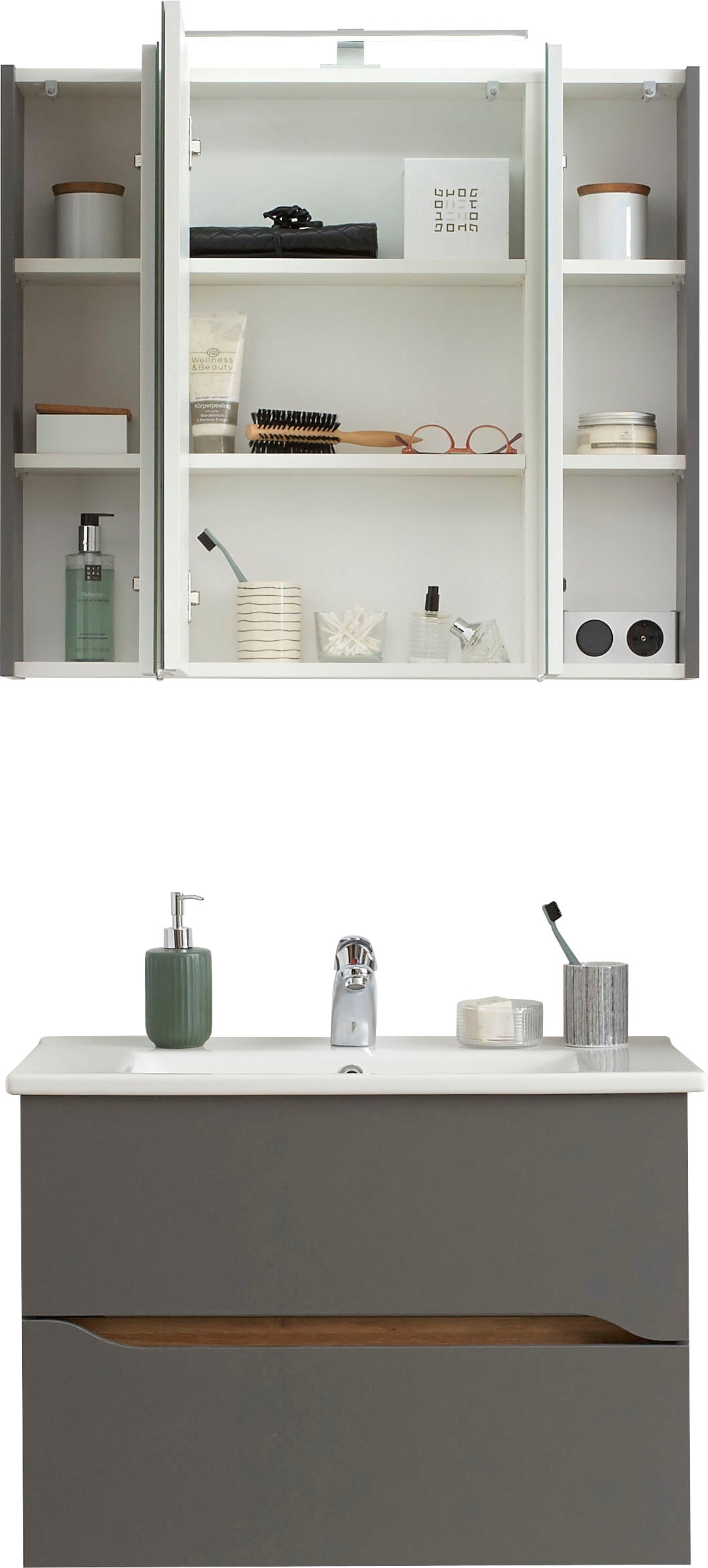 Saphir Badmöbel-Set »Quickset 2-teilig, Keramikwaschtisch mit LED-Spiegelschrank« 2 Stk. tlg.