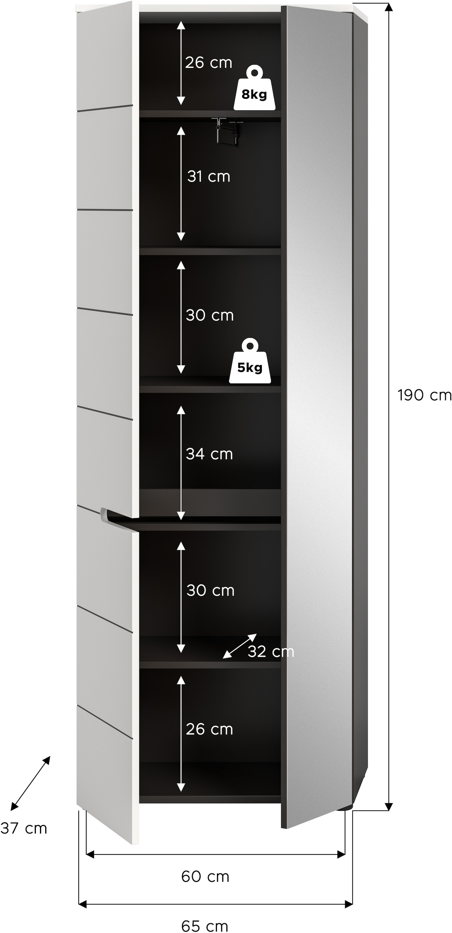 INOSIGN Garderobenschrank »REHAT, TOPSELLER!, Höhe 190cm, 2 Türen, 6 Fächer, 1 Kleiderstange« in verschiedenen Farben erhältlich, 1 Stk. tlg. Garderobe, Flurschrank, Dielenschrank, Kleiderschrank, Garderobenmöbel