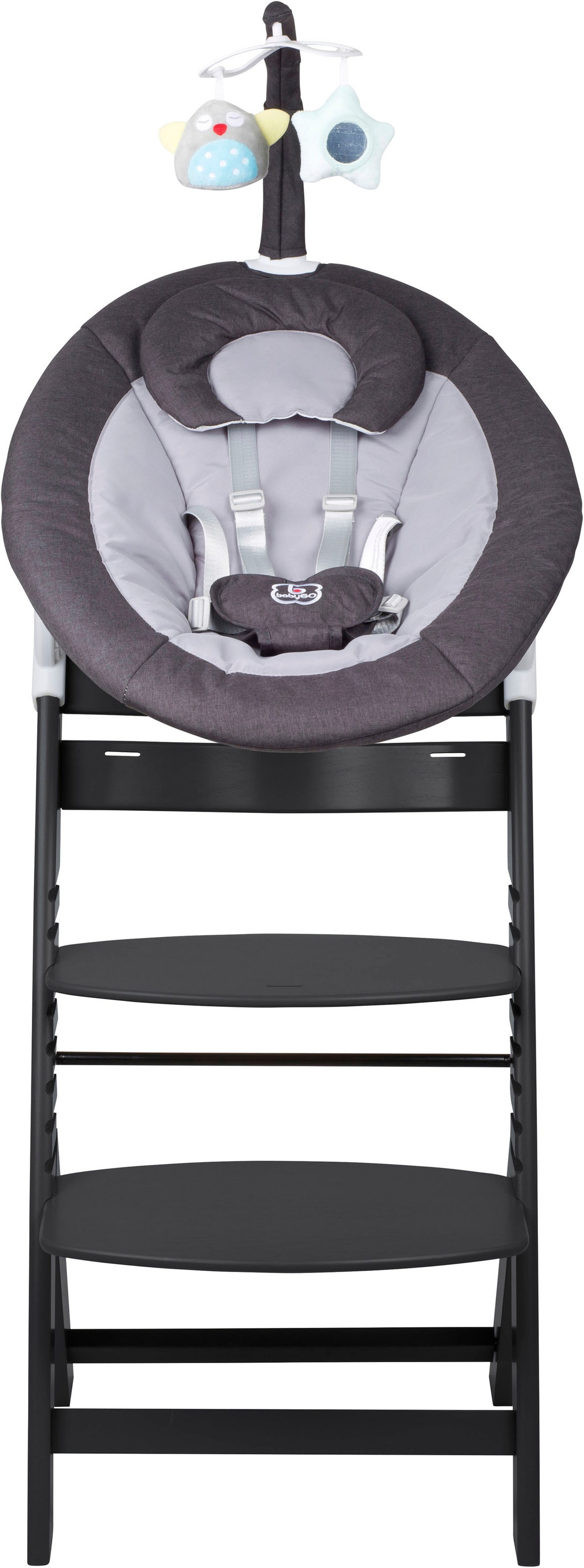 BabyGo Hochstuhl »Family Homey Set, schwarz/dunkelgrau«, mit elektrischer Babywippe inkl. Spielbogen