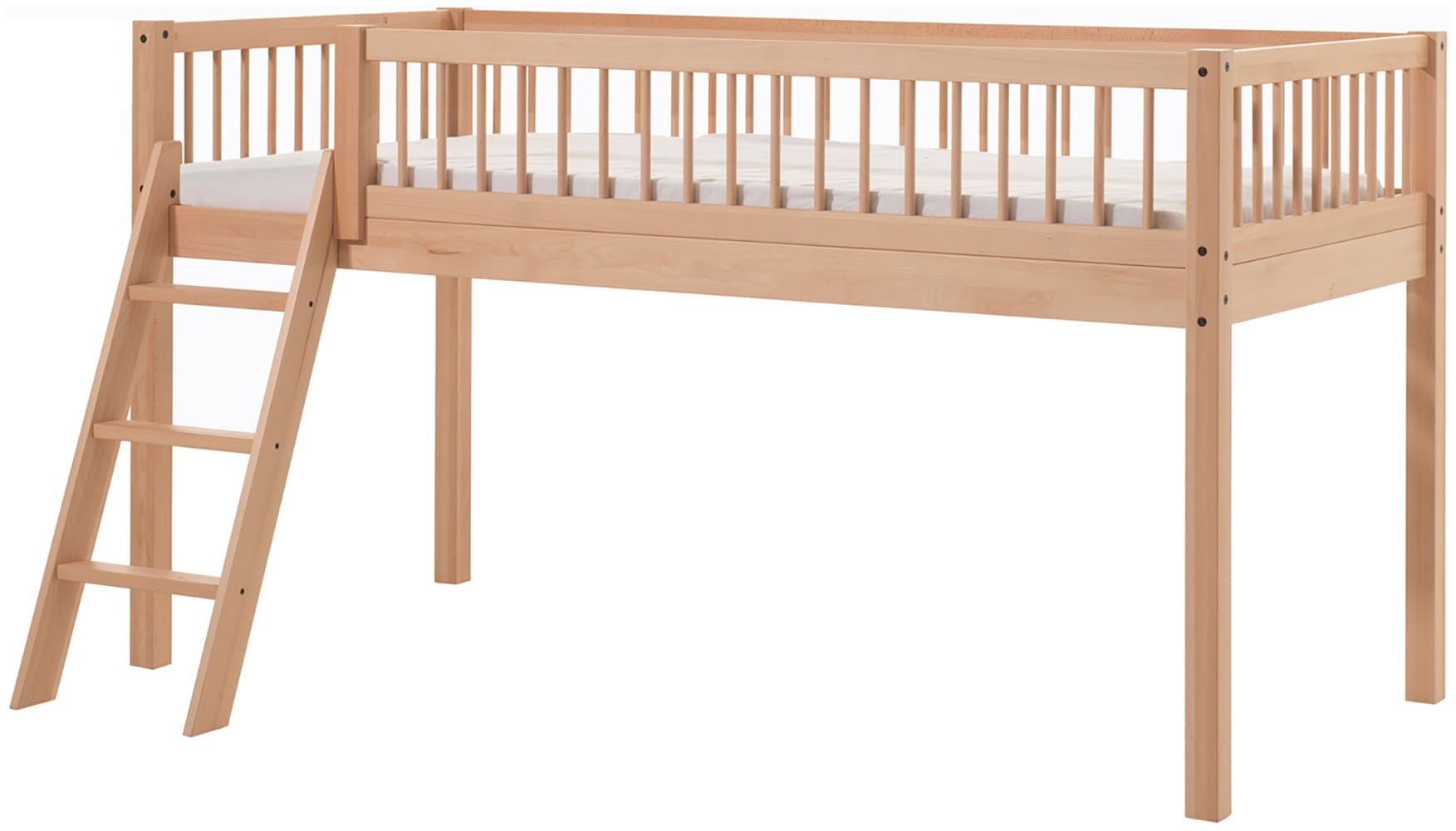 Vipack Spielbett »Forrest, Absturzschutz mit Sprossen-Optik, Pfostenstärken ca. 50x50mm« Buche natur lackiert, stabil und hochwertig gebaut, inkl. Lattenrost,  90/200 cm, Spielbereich unter dem Bett, 2 Textil-Set´s zur Wahl