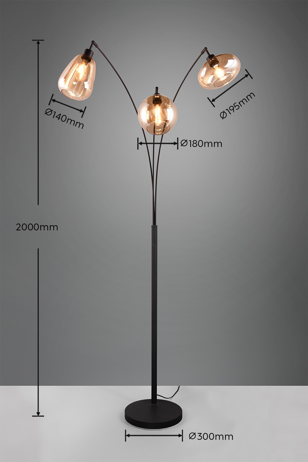 TRIO Leuchten Stehlampe »Lumina, gebogene Stehleuchte mit Glasschirmen exkl 3xE14 max 10W« E14 1 Stk. warmweiß - kaltweiß amberfarbige Gläser in 3 Formen, Fußschalter, Bogenleuchte Höhe 200 cm
