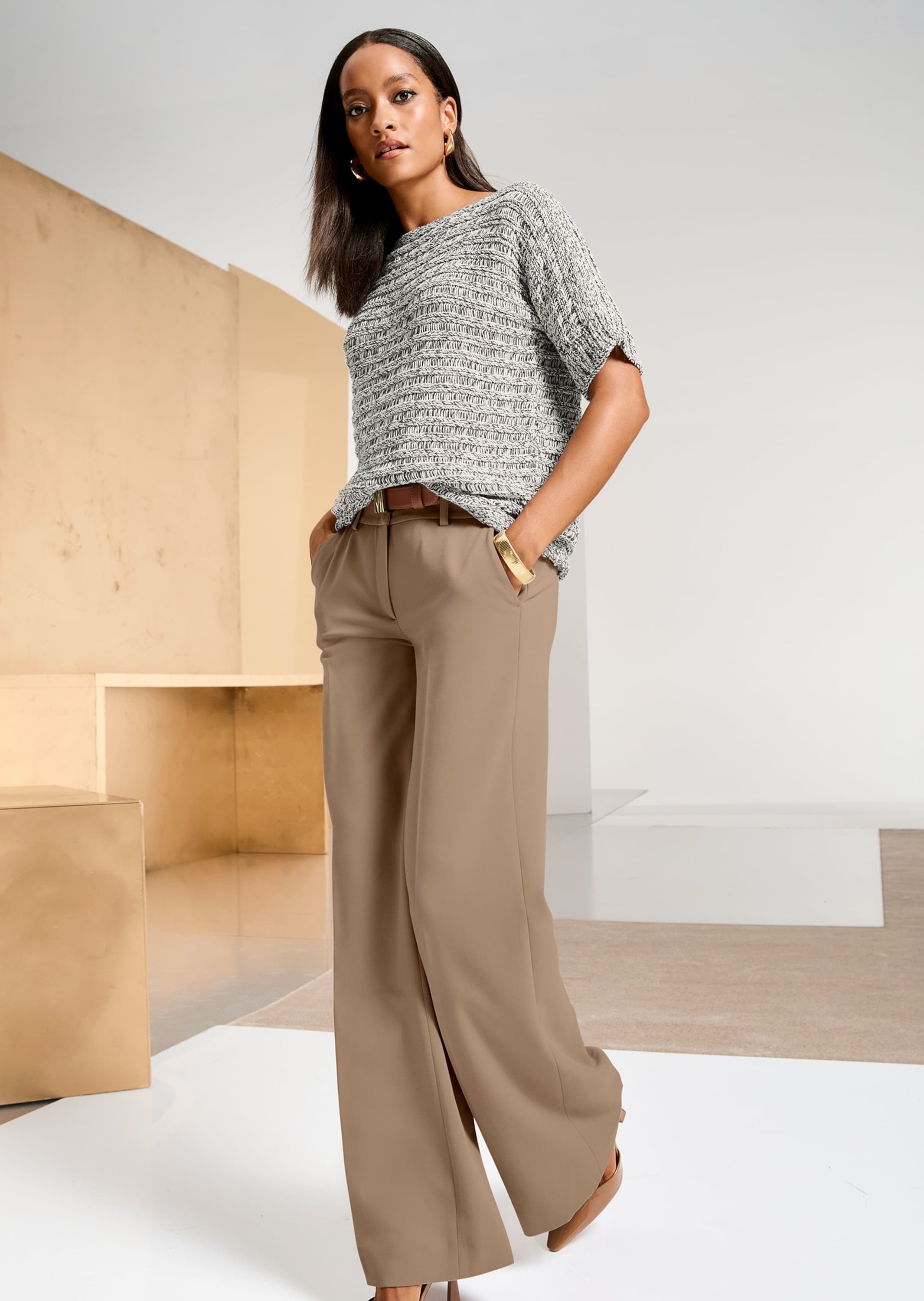 MADELEINE Longpullover »Pullover Kurzarm Ajourpullover, Baumwollmix«