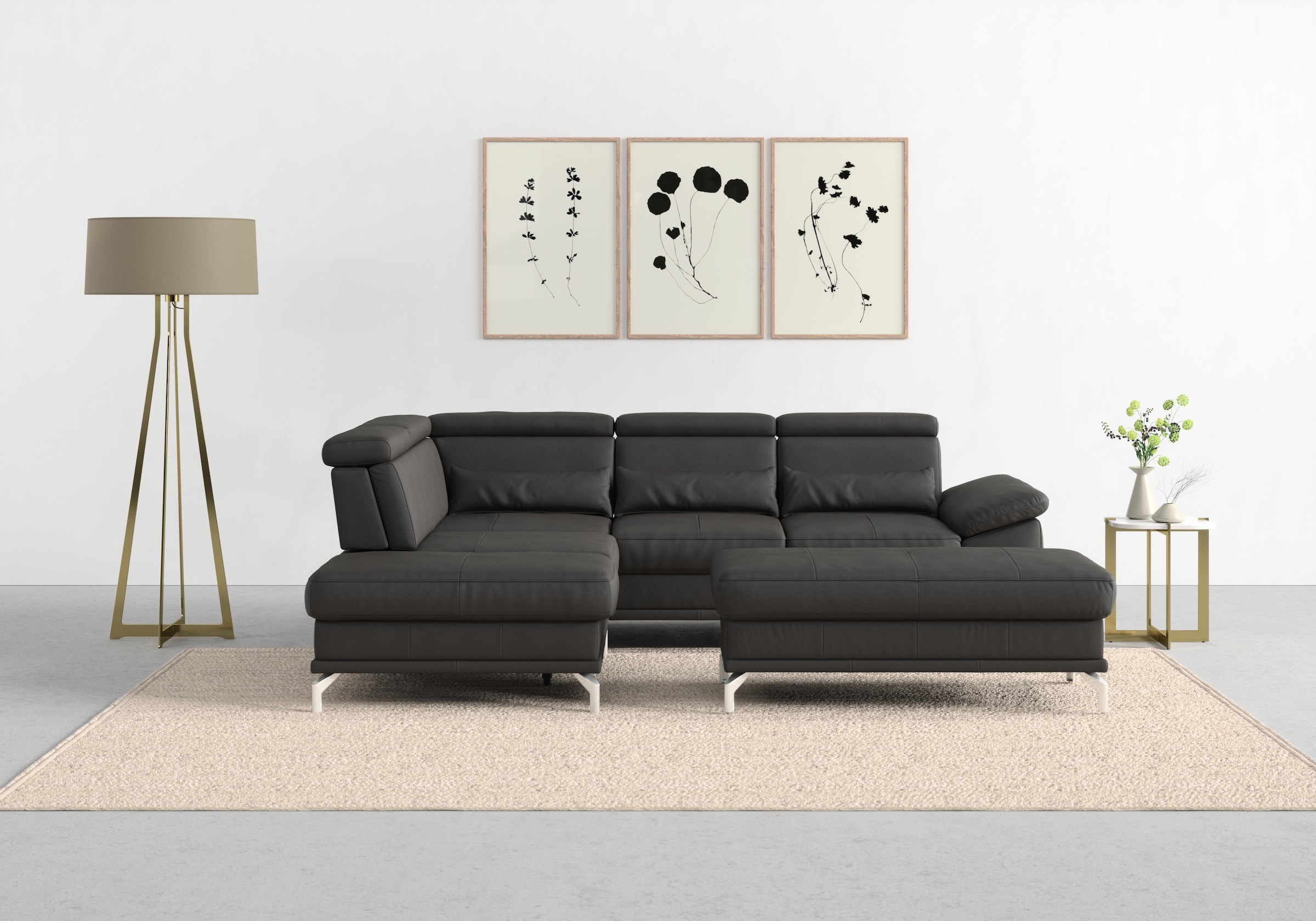 sit&more Ecksofa »Cabrio L-Form, mit Sitztiefenverstellung, Arm- und Kopfteilverstellung«, 3 Nierenkissen, Federkern, optional Bettfunktion und Stauraum