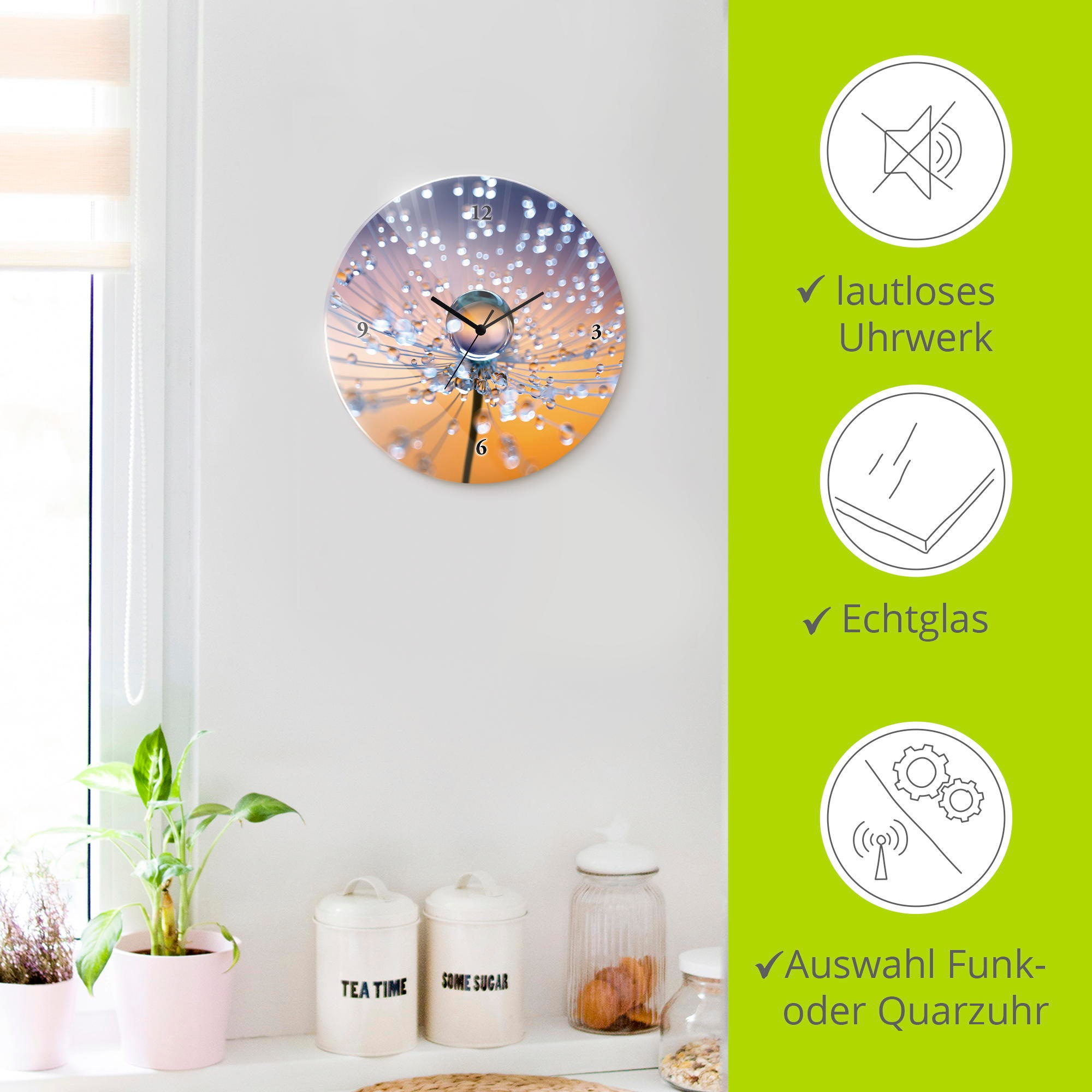Artland Wanduhr »Glasuhr rund Pusteblumen Tautropfen« wahlweise mit Quarz- oder Funkuhrwerk, lautlos ohne Tickgeräusche