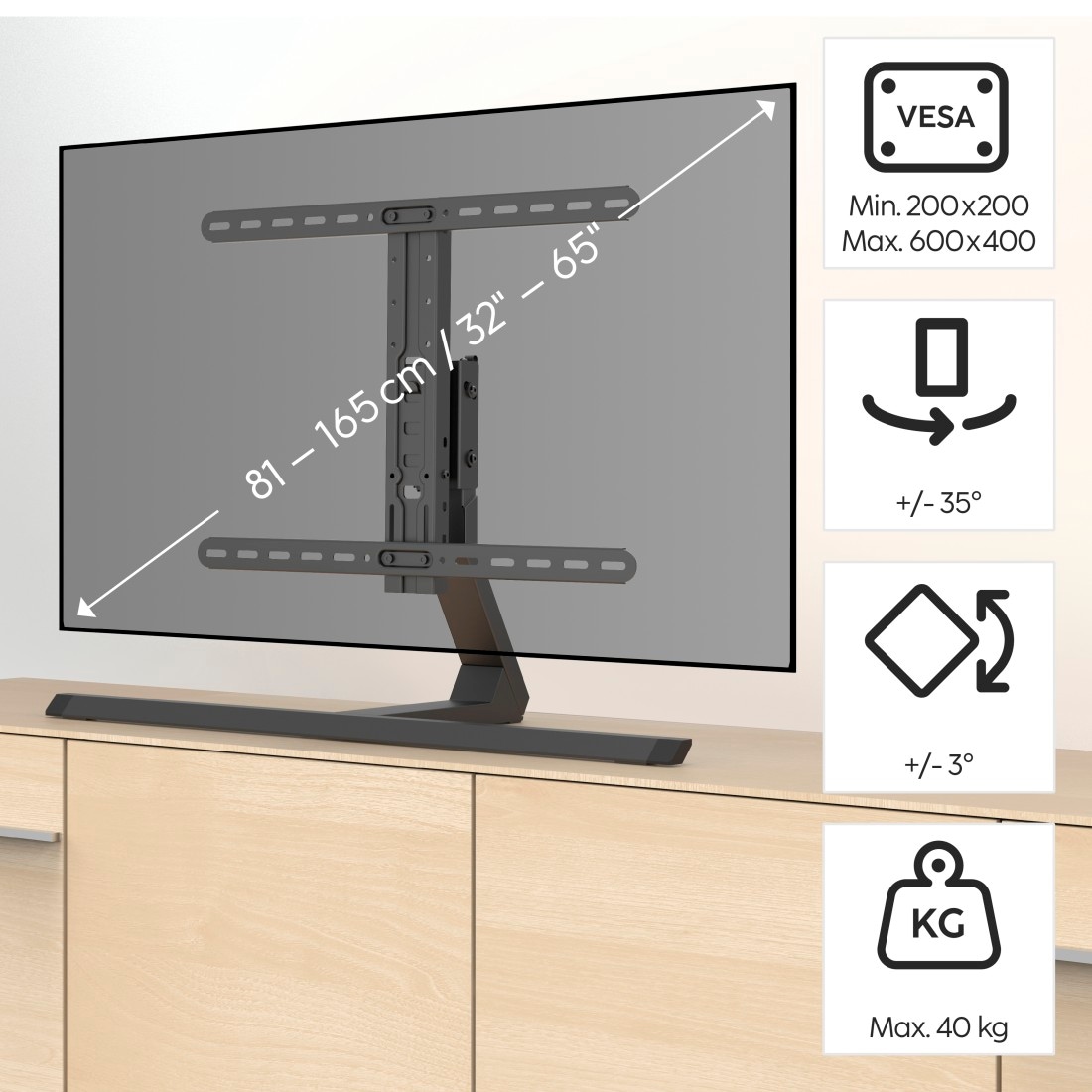 Hama TV-Standfuß »TV Standfuß, schwenkbar, neigbar, höhenverstellbar, 165 cm, 65 Zoll«, bis 165 cm Zoll, TV Ständer, 40 Kg, Metall, Schwarz