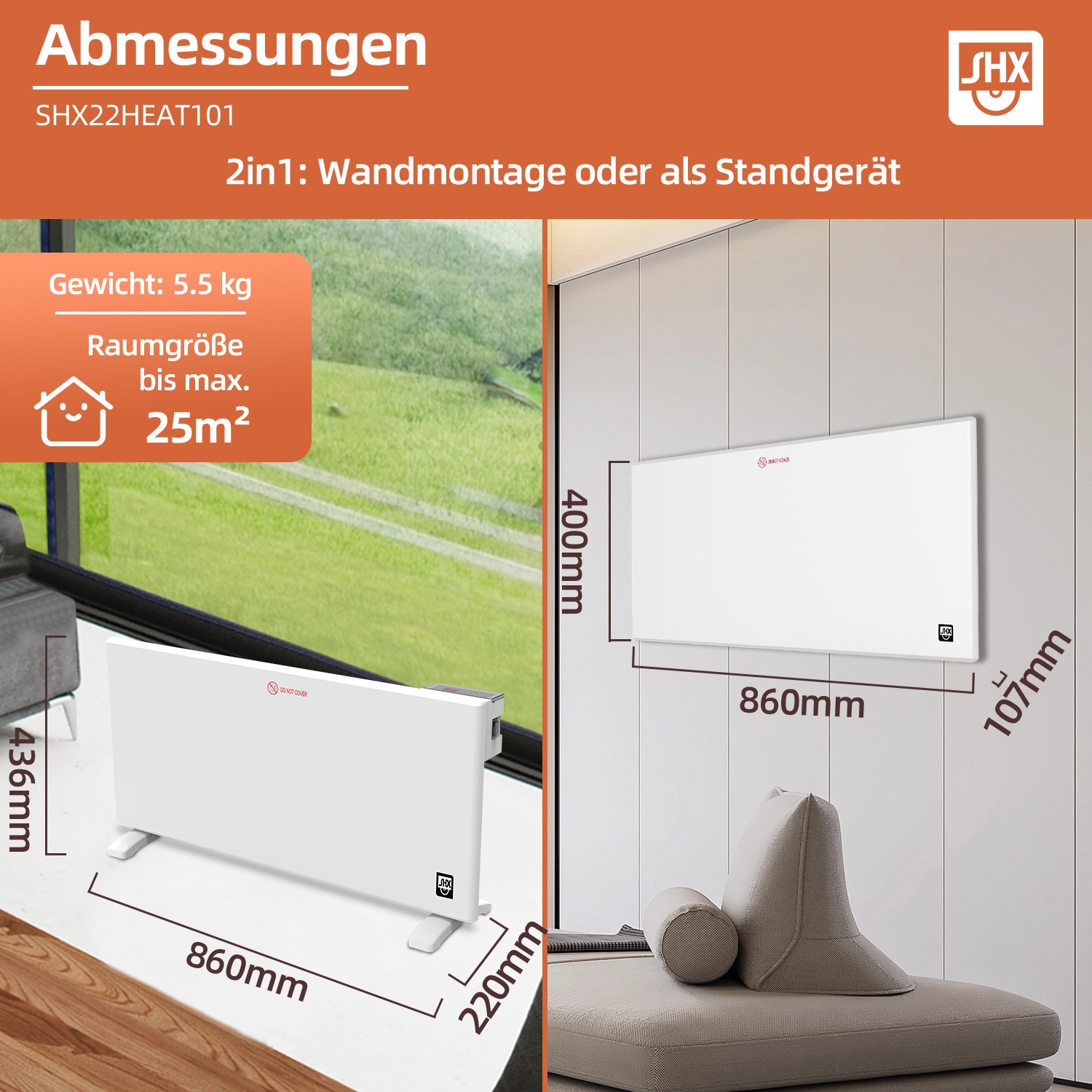 SHX Konvektor, 2000 W, Display, Timer, Wandmontage möglich