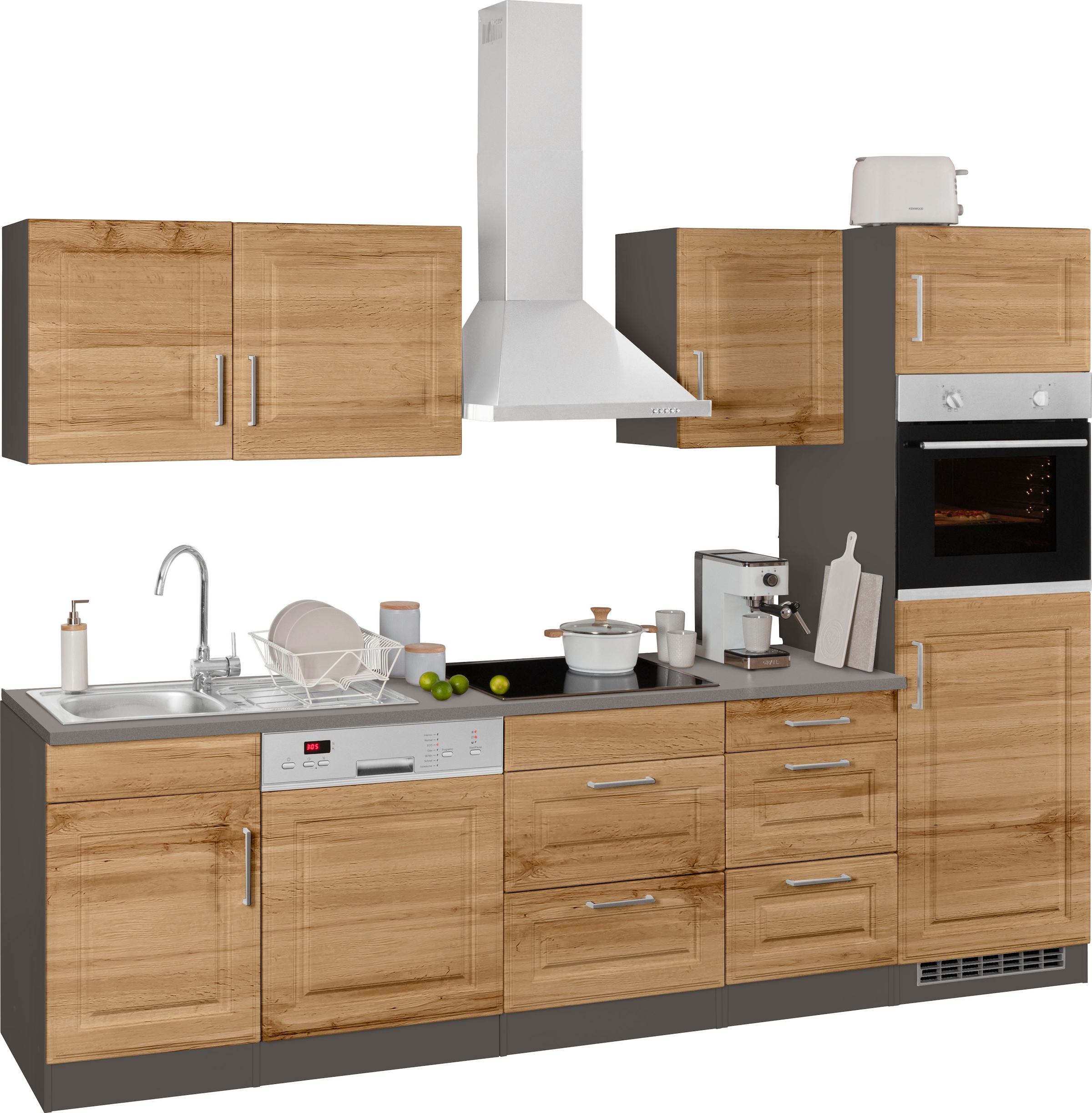 KOCHSTATION Küchenzeile »KS-Stockholm«, Breite 280 cm, mit hochwertigen MDF Fronten im Landhaus-Stil