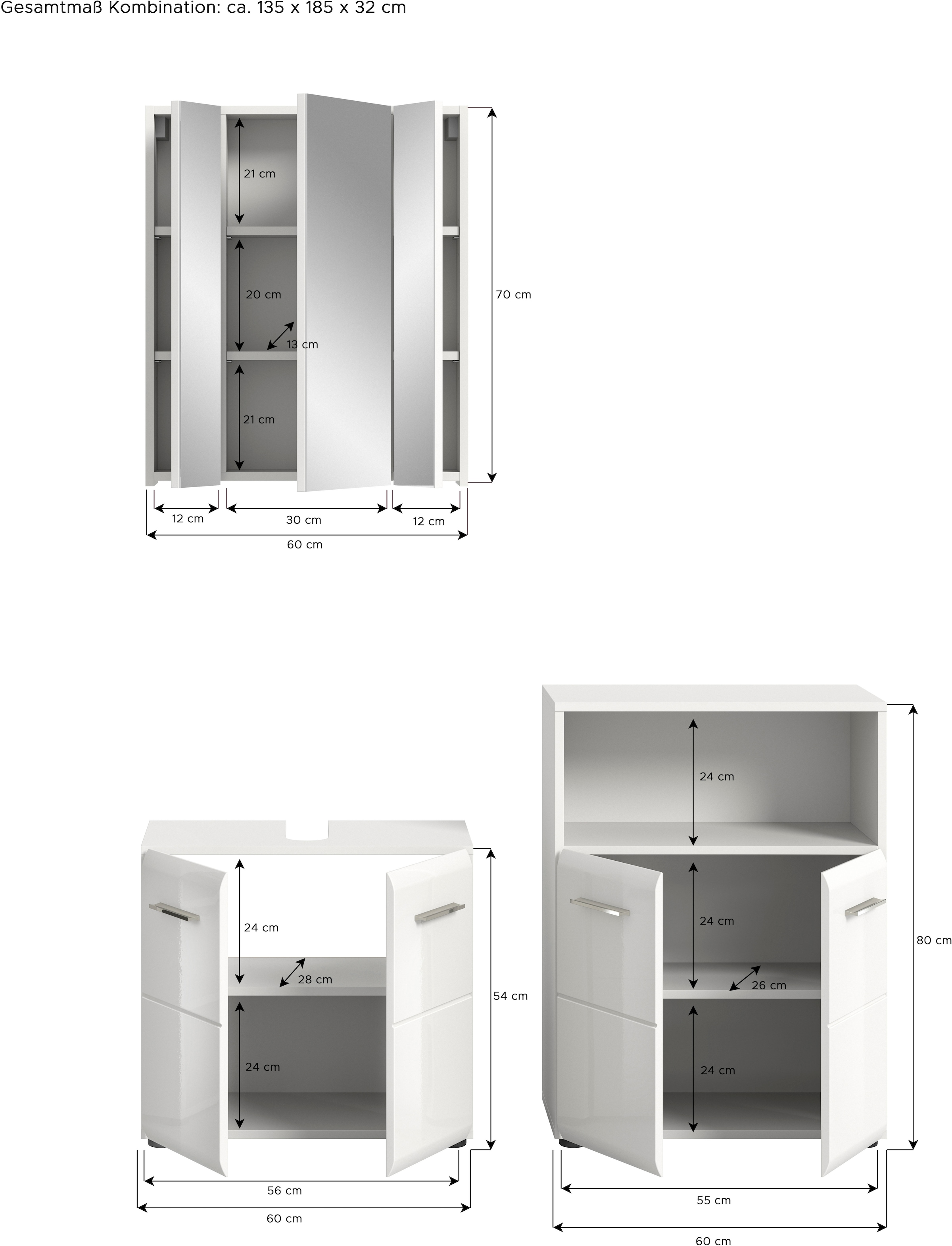 INOSIGN Badmöbel-Set »FLORENZ, TOPSELLER!, 3-teilige Badkombination, hochwertige MDF-Front«, (best. aus: Waschbeckenunterschrank, Spiegelschrank, Midischrank breit), Bad-Kombination, Bad-Möbel, Badezimmer, Kombination, Kombi