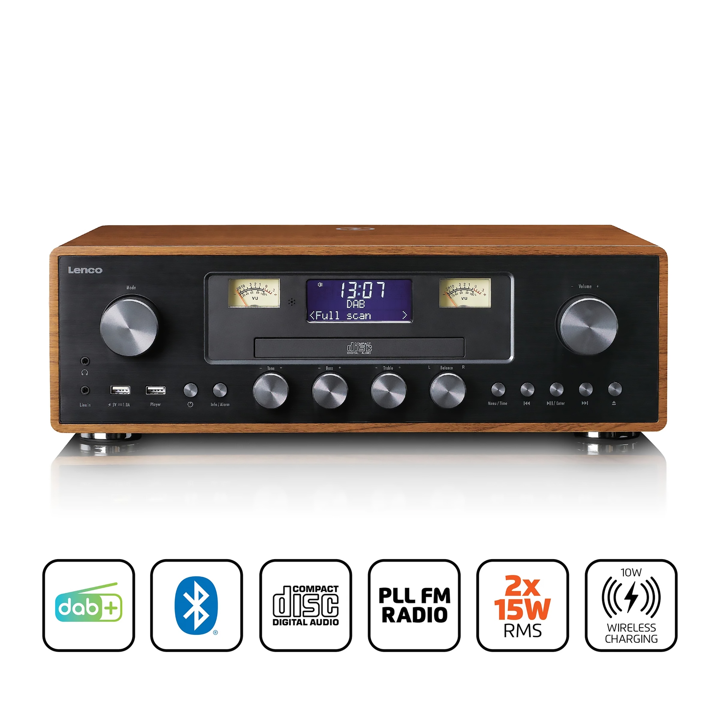 Lenco Stereoanlage »DAR-081WD« (Bluetooth Digitalradio (DAB+) | FM-Tuner 30 W) DAB+/FM, 2×15 W RMS, kabellose Ladefläche