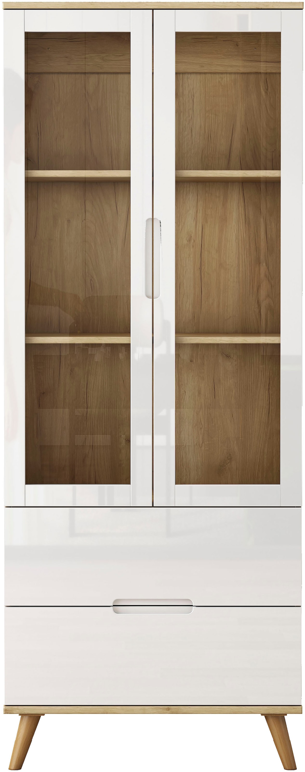 OTTO home Highboard »Lund« mit glänzenden Fronten, Glastüren, helles Holzdekor, Breite 70 cm