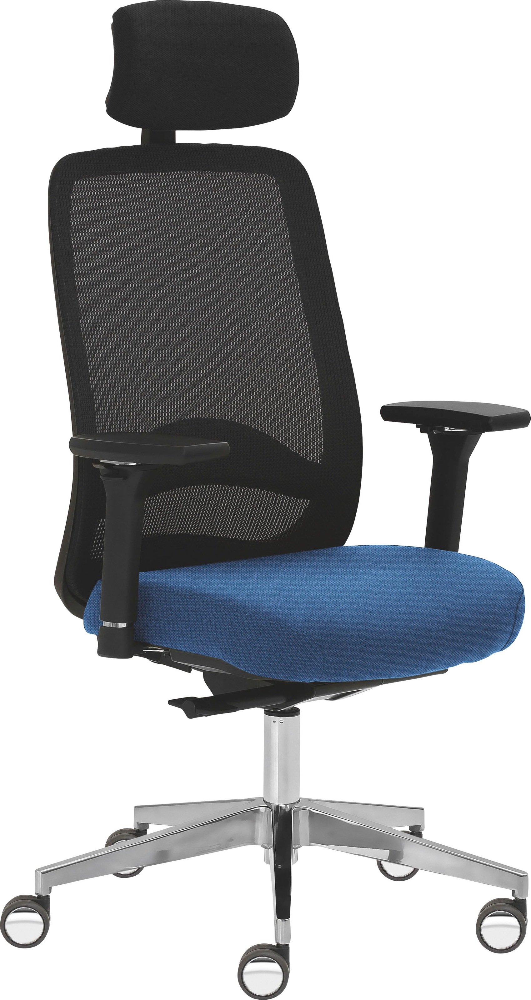 Mayer Sitzmöbel, Drehstuhl »2228« () 4D Armlehnen, Kopfstütze, Sitztiefenverstellung, Blau + Aluminium poliert, Polyester, B/H/T: 70 cm x 123 cm x 63 