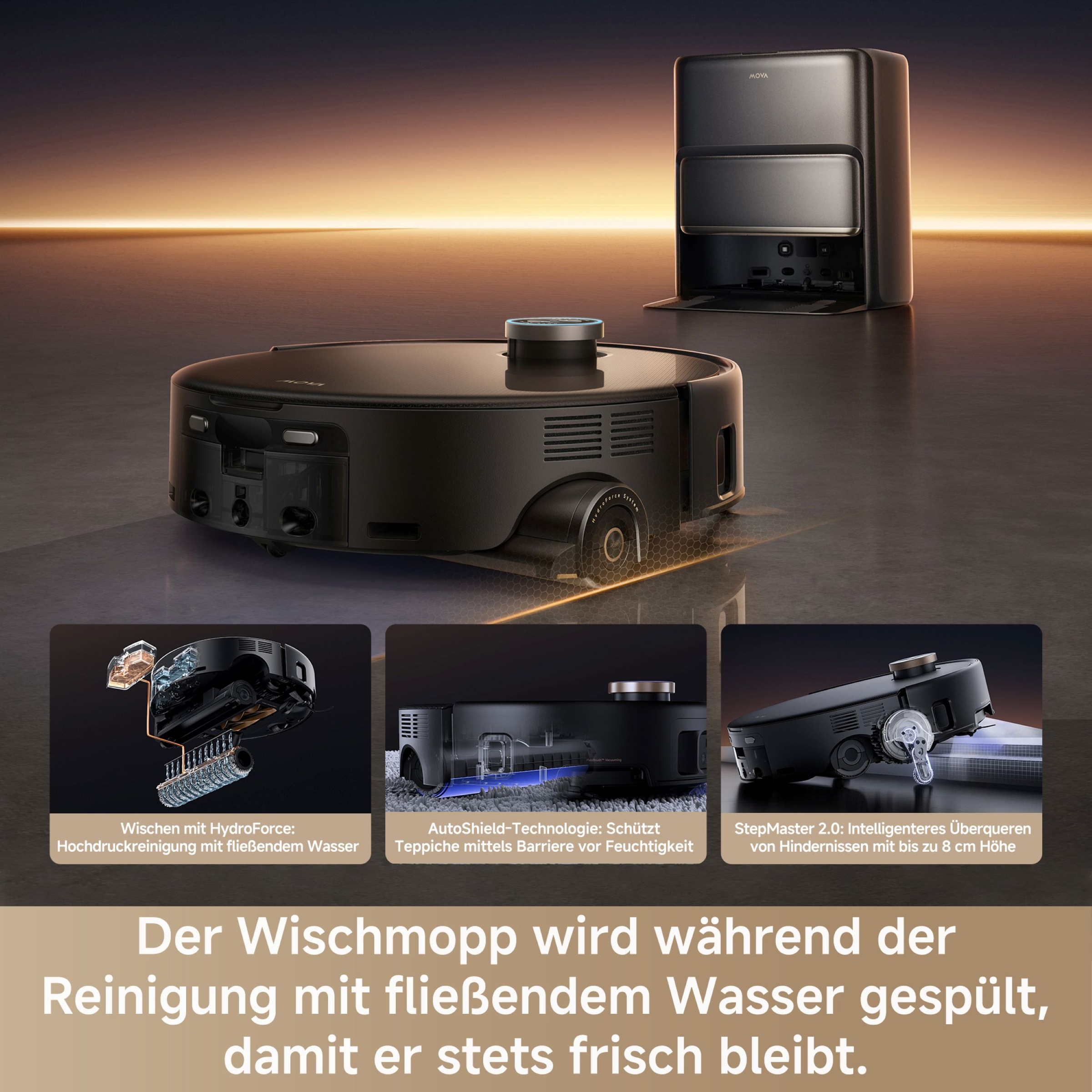 Mova Nass-Trocken-Saugroboter »Z60 Ultra Roller Complete«, Warmwasser-Wischsystem, Rollenmopp, überwindet Hindernisse, 28.000 Pa