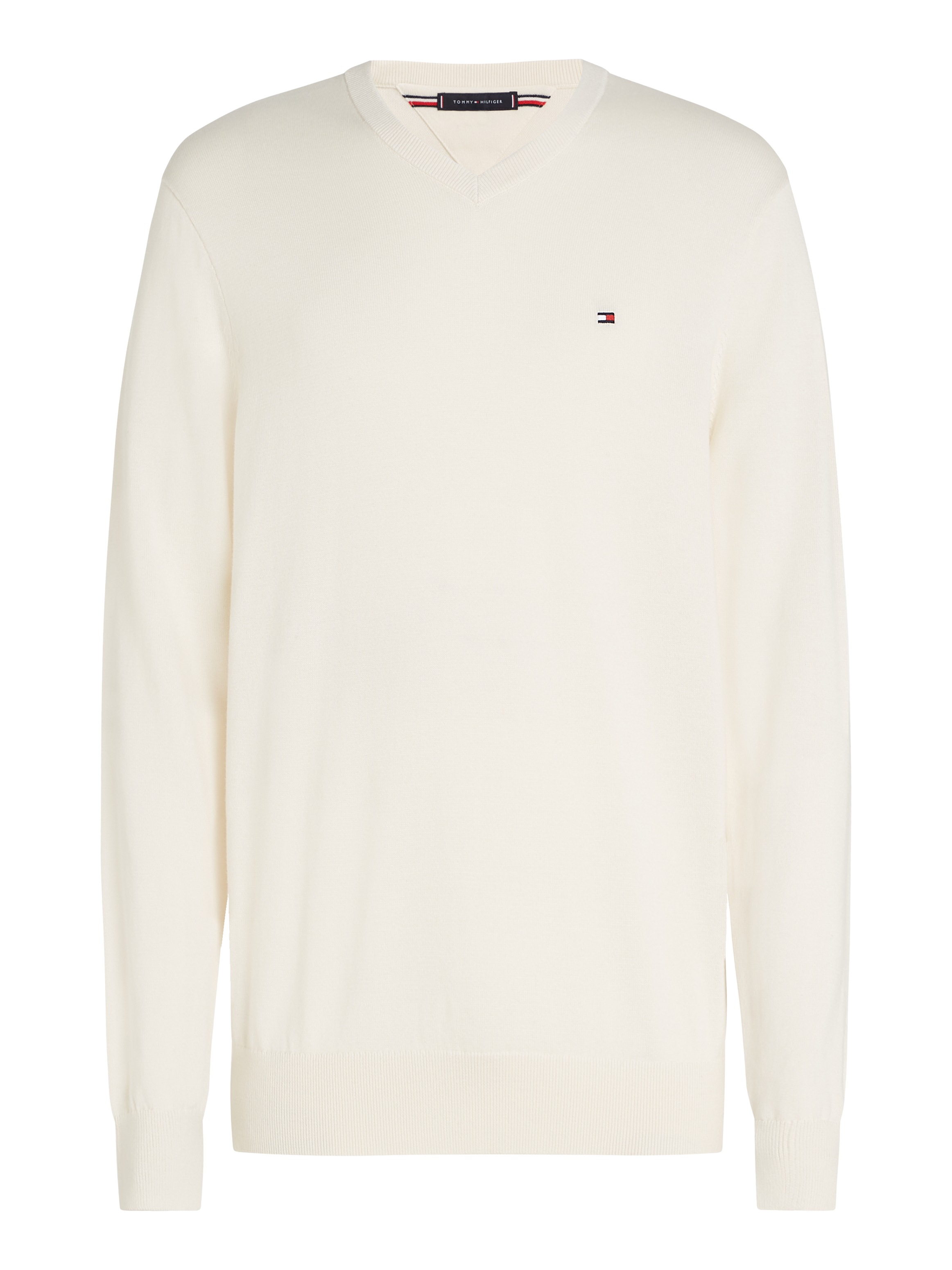 Tommy Hilfiger Strickpullover »ESSENTIAL COTTON V NECK mit V-Ausschnitt und Stickerei« unifarben, casual, regular fit, Baumwolle, V-Ausschnitt
