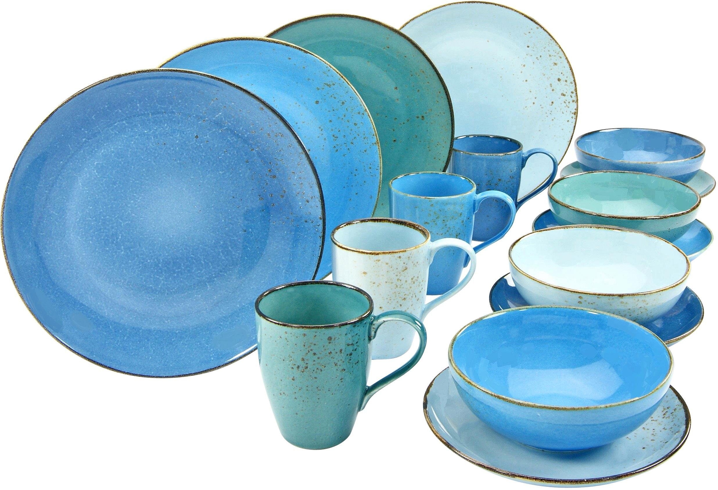 CreaTable Kombiservice »Geschirr-Set NATURE COLLECTION Aqua«, (Set, 16 tlg., Kaffeeservice und Tafelservice im Set, für 4 Personen), Service, Trendaktuelle Blau-Töne, 16 Teile, für 4 Personen