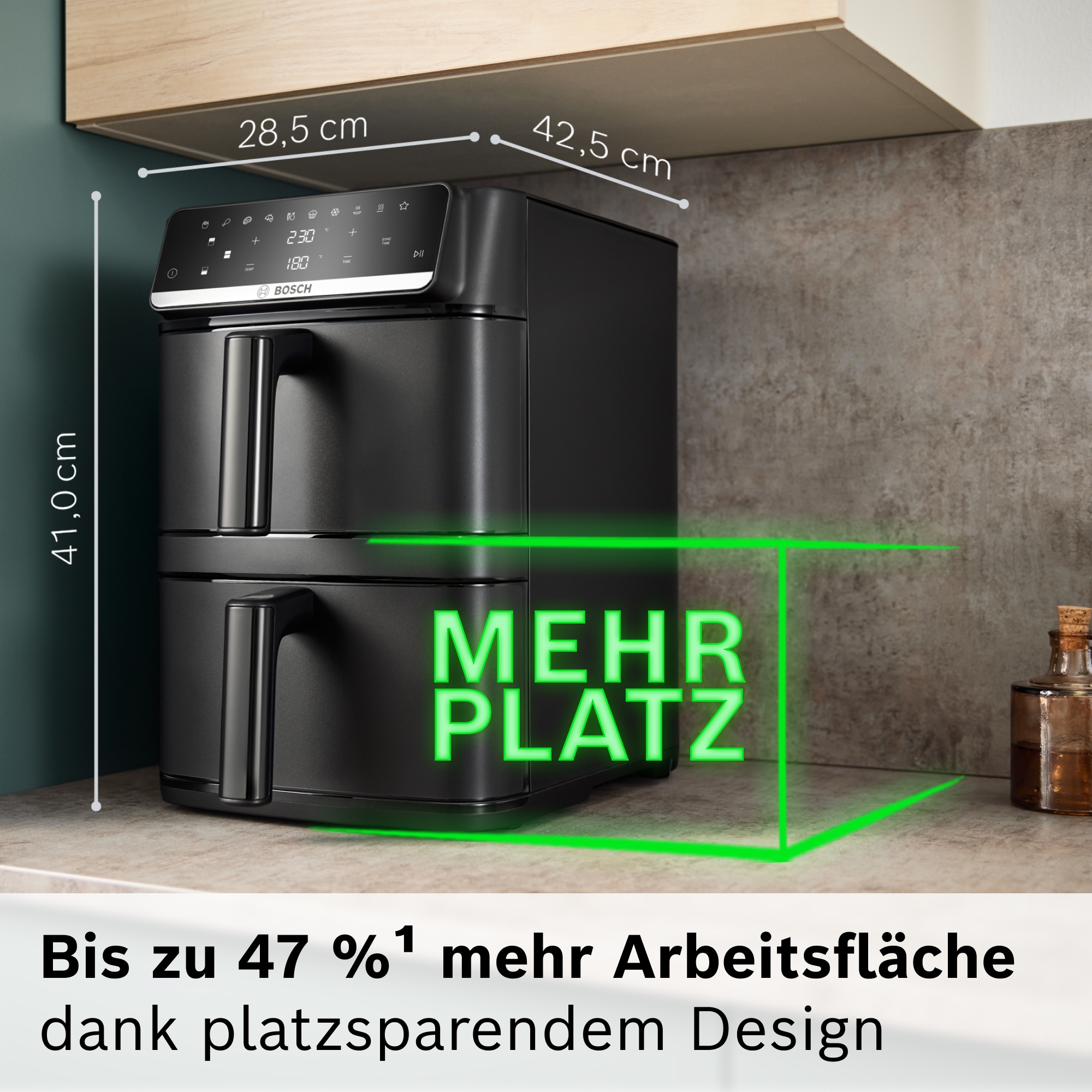 BOSCH Heißluftfritteuse »Serie 6 MAFD661B0, XXL Heißluftfritteuse, 12L, PFAS frei, Doppelkammer« 2800 W platzsparend, einfache Reinigung, weniger Fett, 6 Programme, schwarz