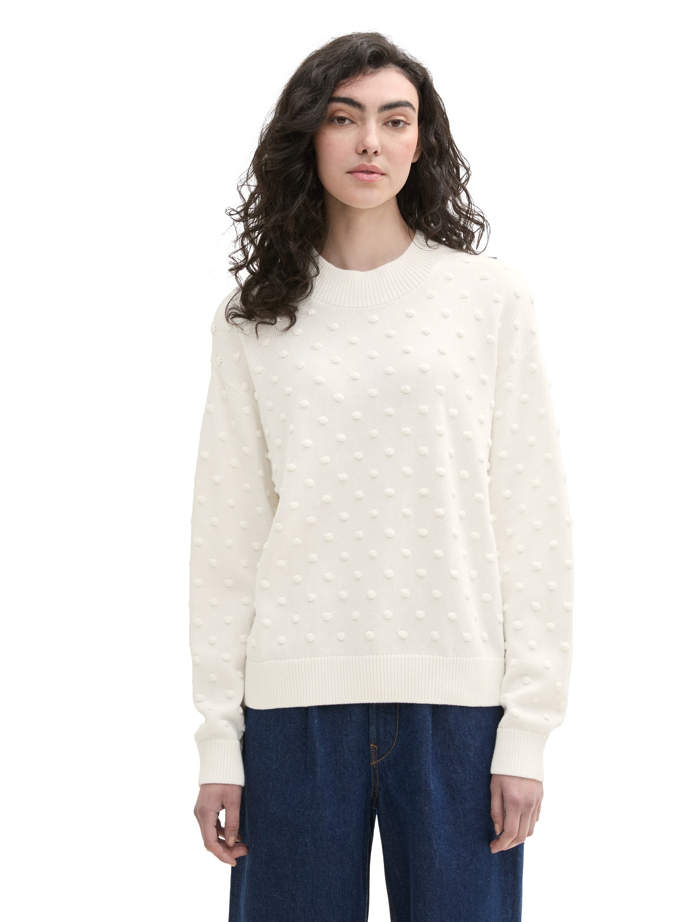 TOM TAILOR Denim Rundhalspullover, mit Bommel-Allover-Details