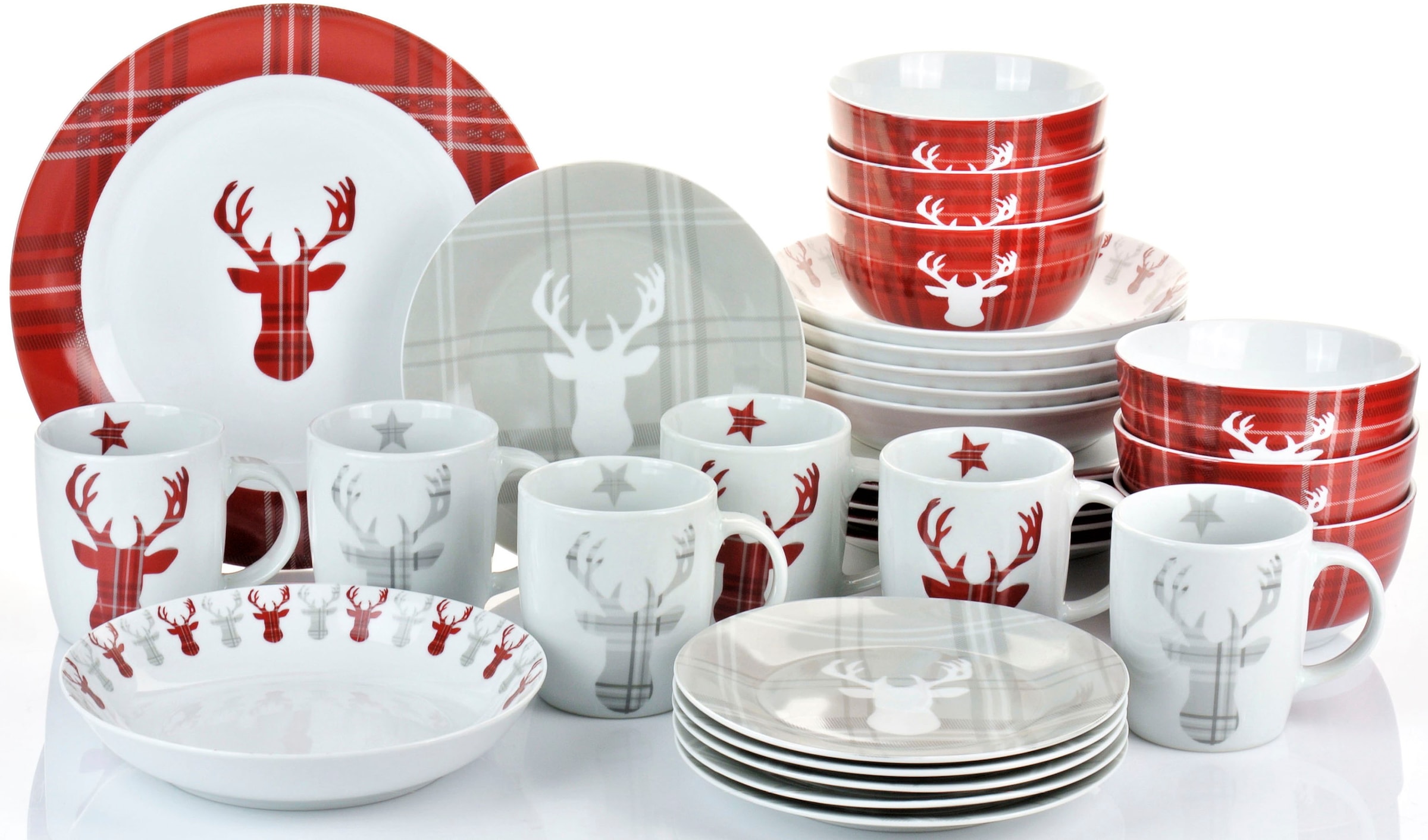 Retsch Arzberg Kombiservice »Geschirr-Set, Service HIGHLAND STAG, Winter, Advent, Weihnachten« Hirsch trifft Schottenkaro, 30 Teile, für 6 Personen
