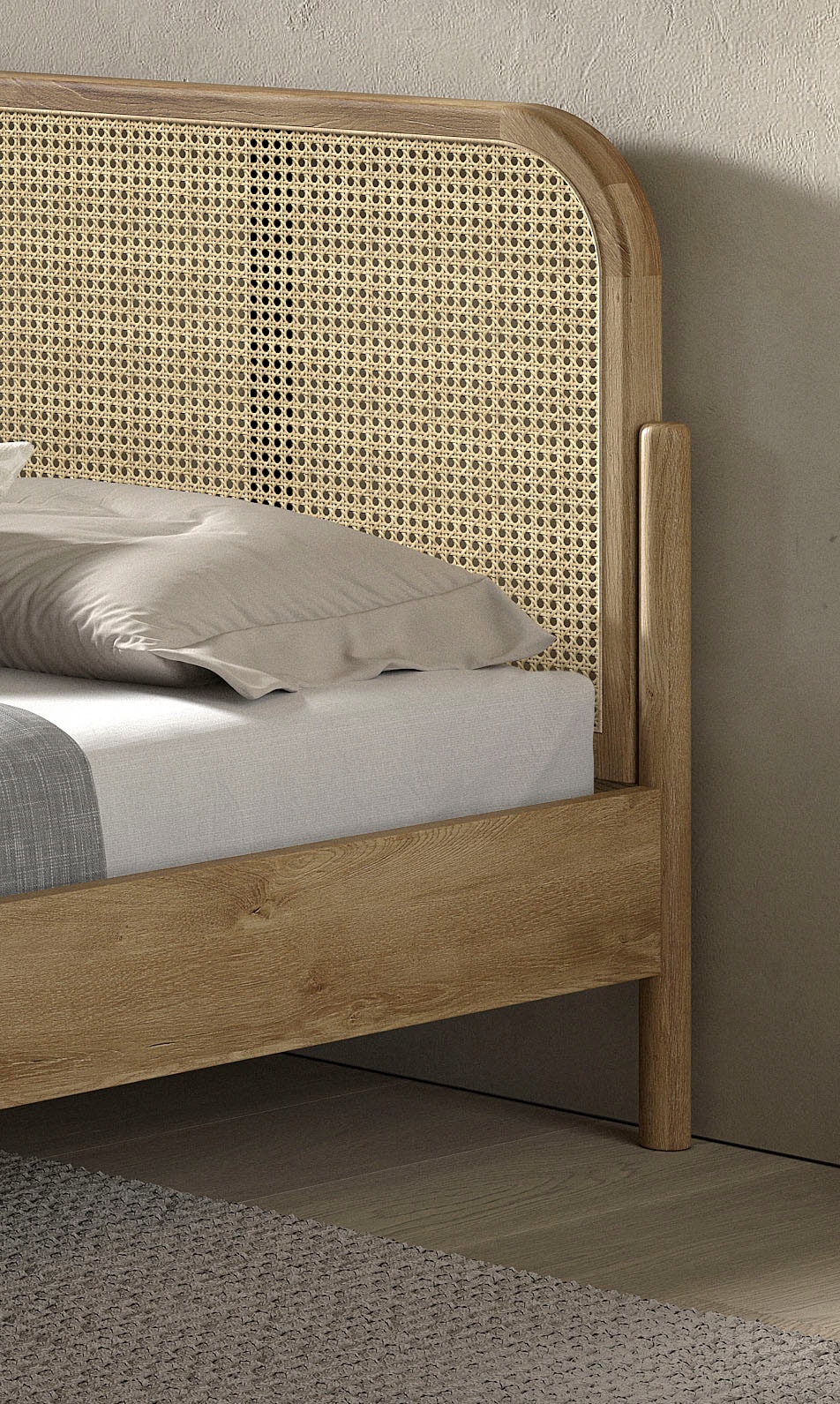 Home affaire Bettgestell »Olive, Bettpfosten Eiche massiv und furnierten Bettseiten« mit hochwertigem Rattan-Geflecht Kopfteil, Rahmen Eiche massiv,  ohne Lattenrost, mit höhenverstellbarem Rahmenbeschlag, zwei Breiten