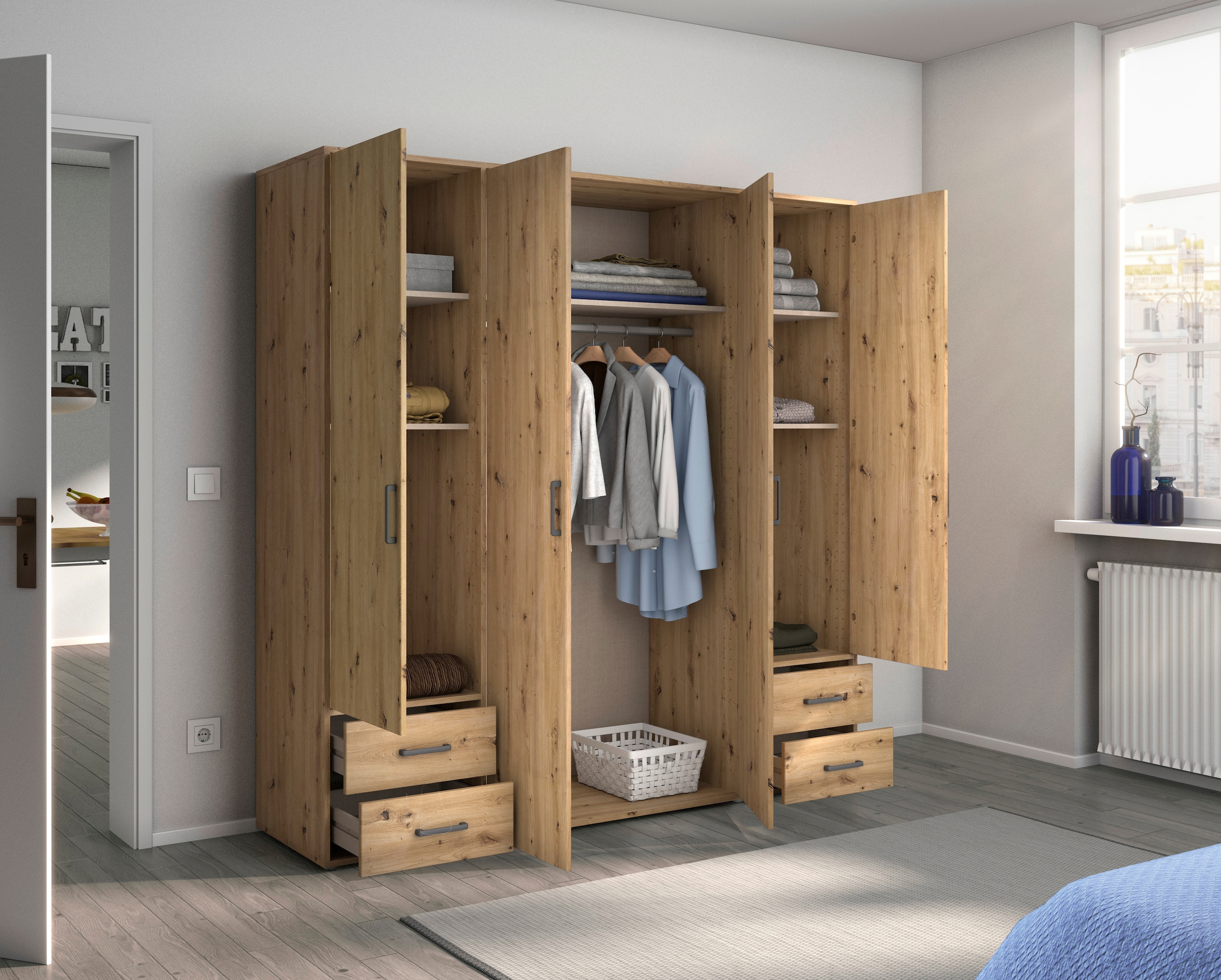 rauch Drehtürenschrank »Kleiderschrank Schrank Garderobe Wäscheschrank VOYAGER«, (in 3 verschiedenen Ausstattungen BASIC/CLASSIC/PREMIUM), moderne Griffe in Graumetallic mit Außenschubkästen MADE IN GERMANY