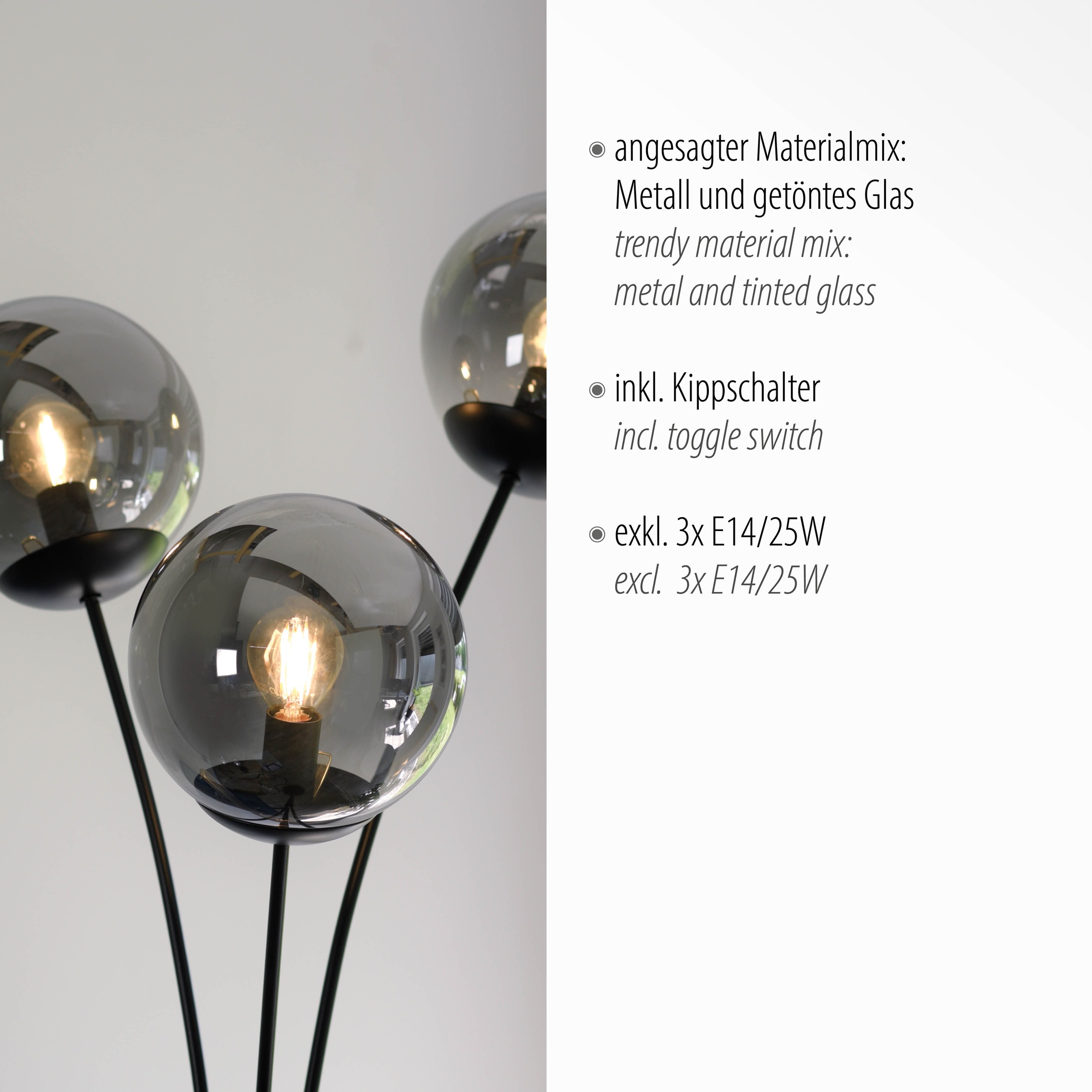 JUST LIGHT Stehlampe »BIG WIDOW«, 3 flammig, ExklusiveE14, Schalter, Kippschalter