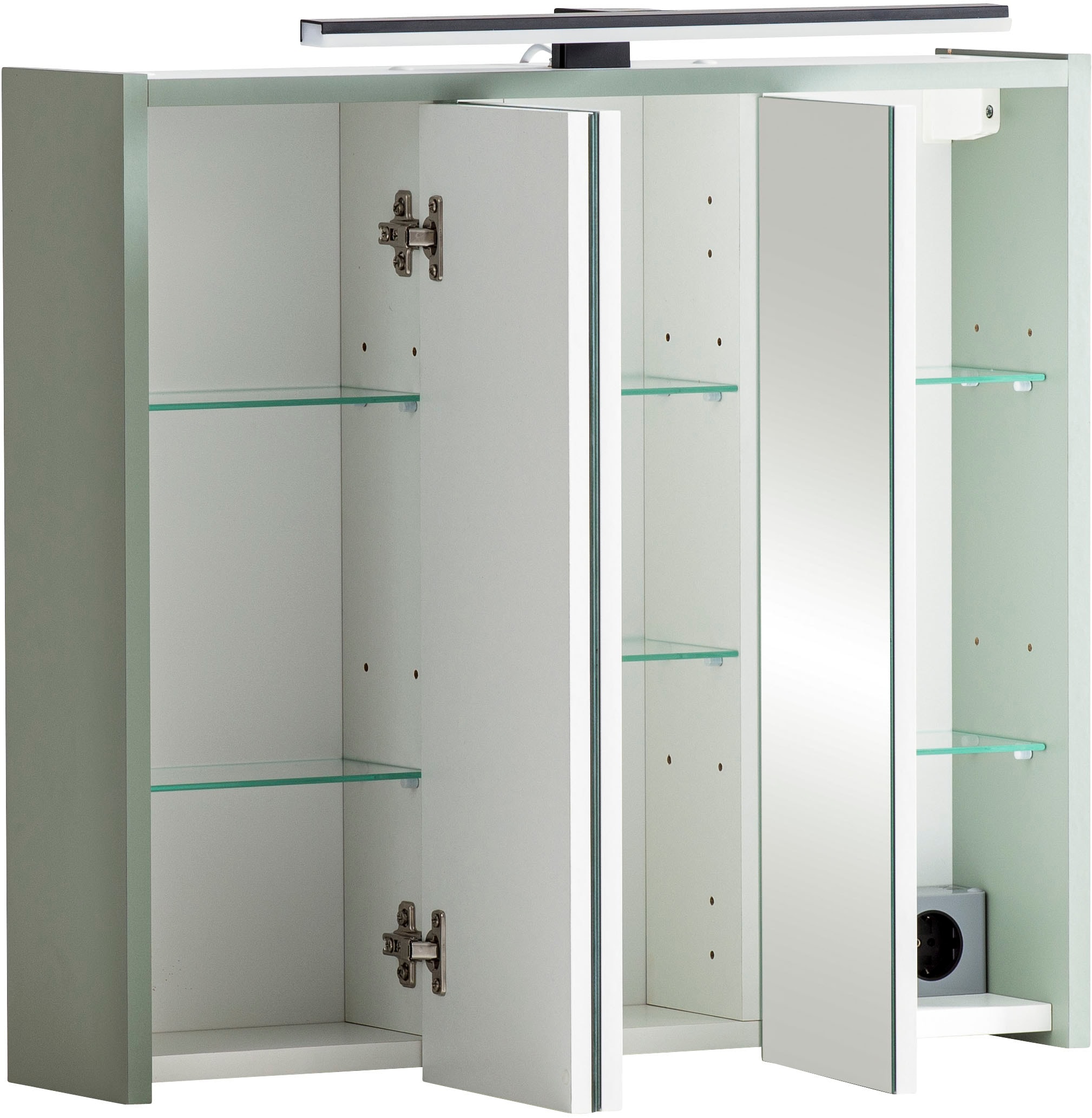 Schildmeyer Spiegelschrank »Palermo, Breite 65 cm«, Mit LED-Leuchte und Steckdose, Metallbeschläge, Glaseinlegeböden