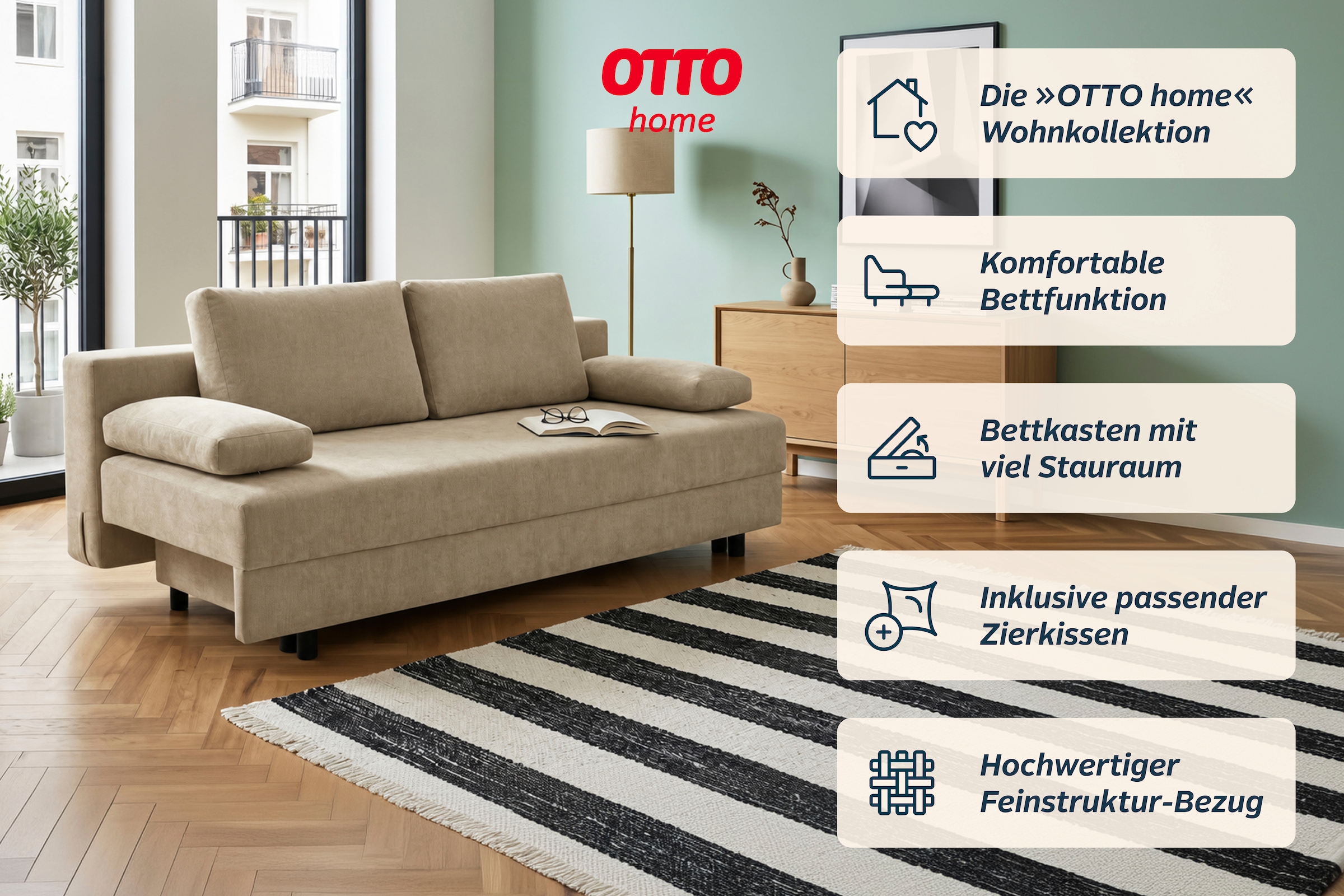 OTTO home Schlafsofa »ONNIKO, Breite: 192 cm, Liegefläche 121x192 cm, Feinstruktur-Bezug« mit Bettfunktion & Bettkasten