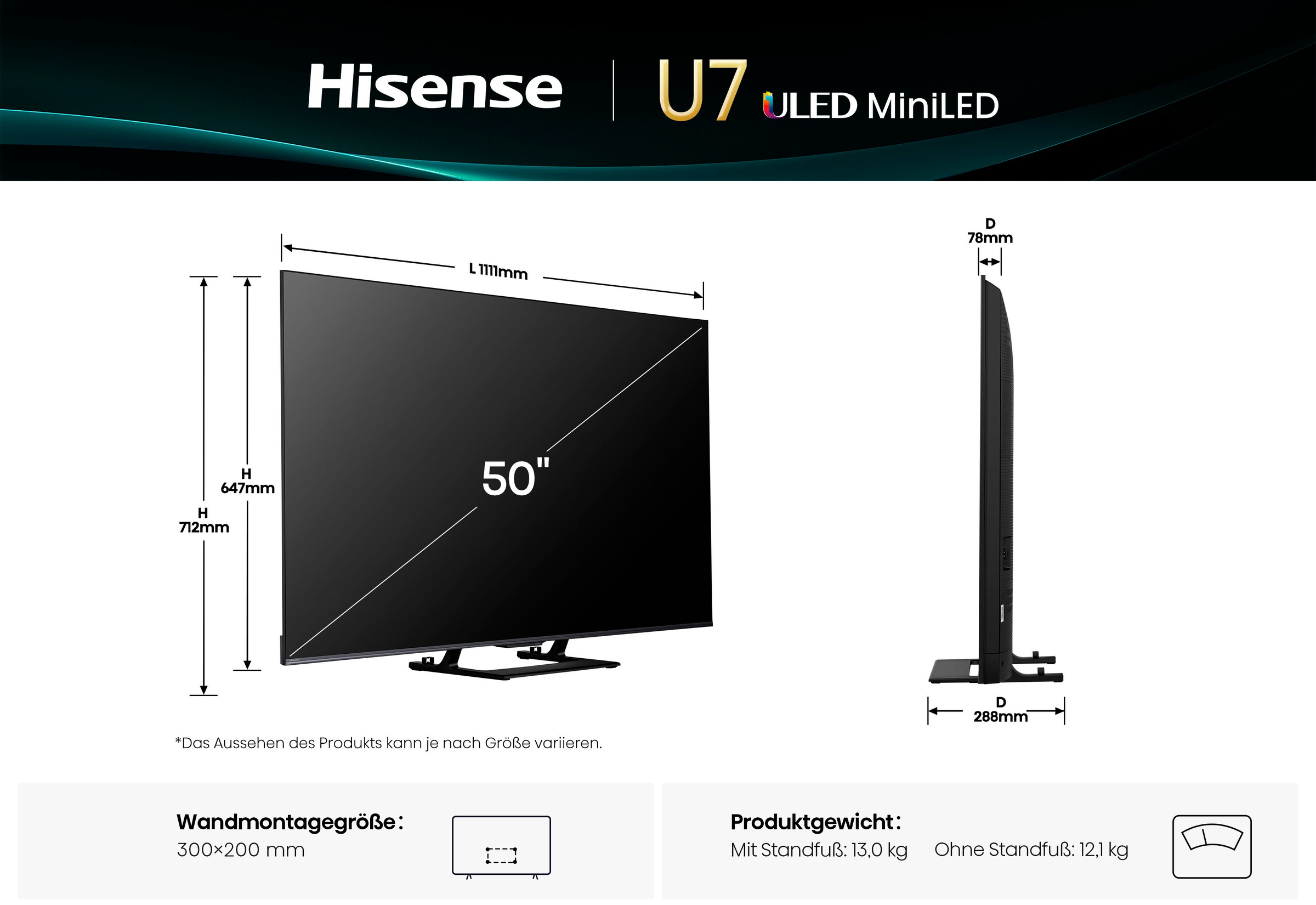 Hisense QLED Mini LED-Fernseher »50U7Q«, 4K Ultra HD, Smart-TV, 4K UHD Mini LED