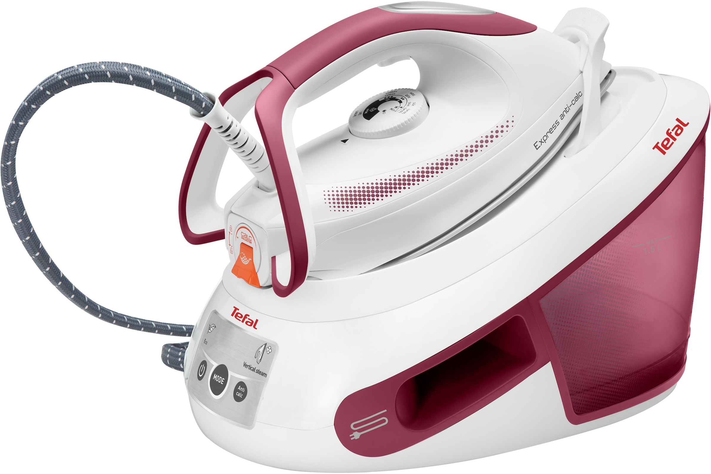 Tefal Dampfbügelstation »Express Anti-Calc, 2800 W, 1,8 Liter Wassertank, Anti-Kalk-Kollektor,«, 2800 W, Dauerdampfmenge 120 g/Min, Dampfstoß 400 g/Min, SV8012