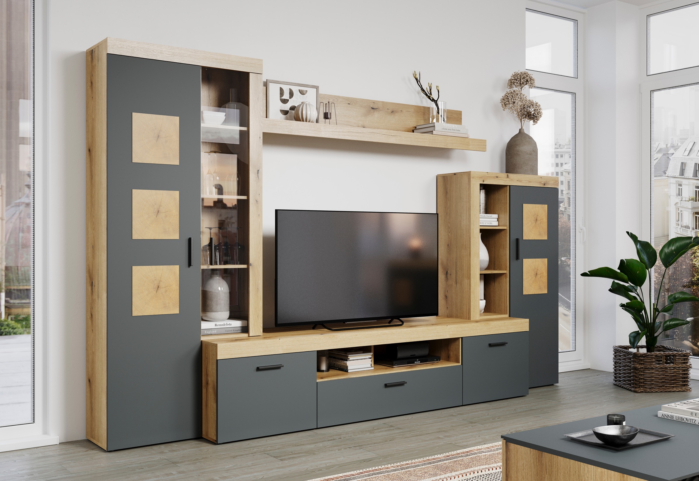 Home affaire Wohnwand »Ghent«, (Komplett-Set, 4 St.), Mit Hirnholzapplikationen - Aufgebaut (B/T/H): 331/52/206 cm