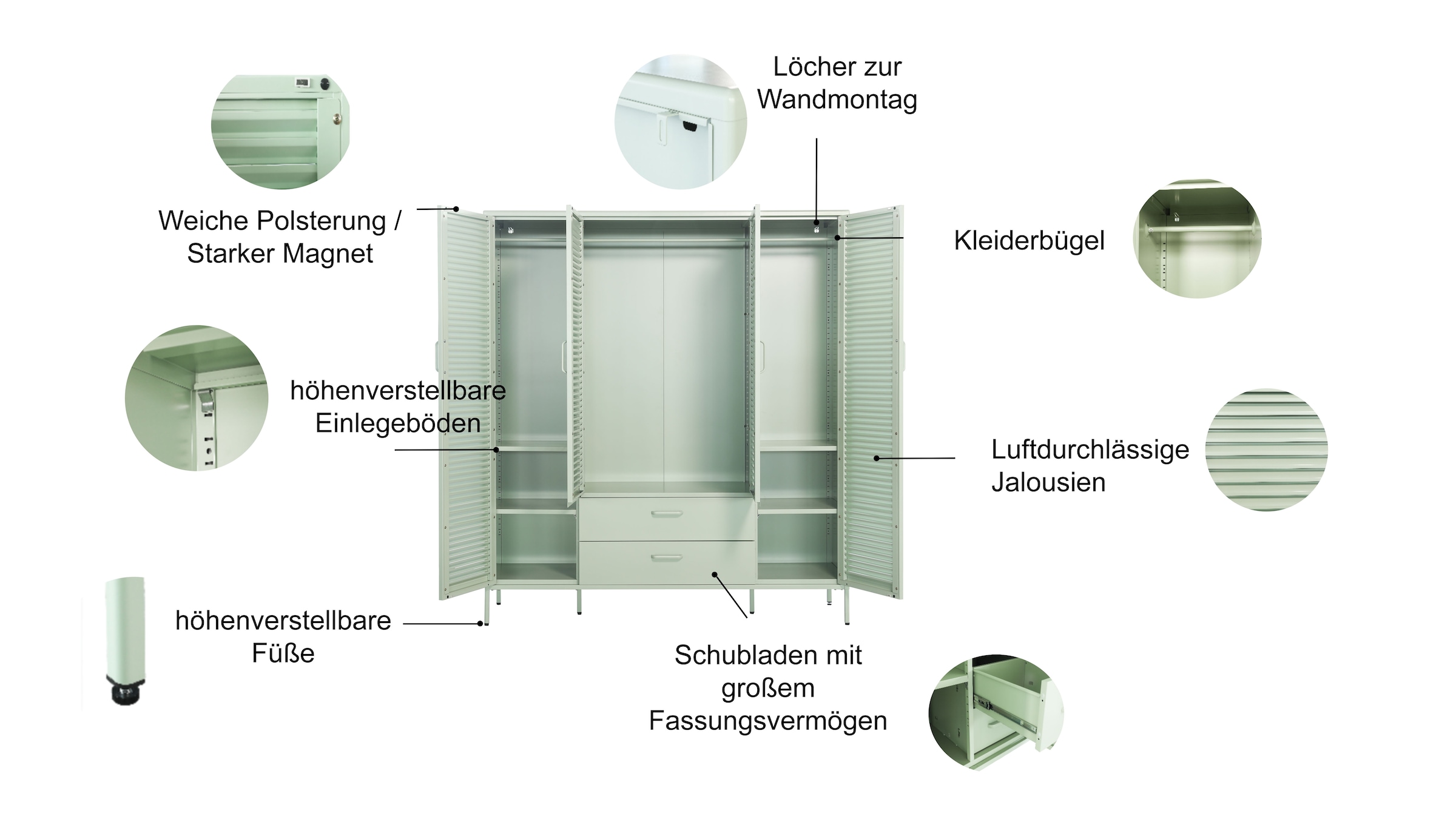 OTTO home Kleiderschrank »GERRON Kleiderschrank Metallschrank Spind« Schlafzimmerschrank, 4 Türen & Schubladen, grün salbei, Breite 158cm