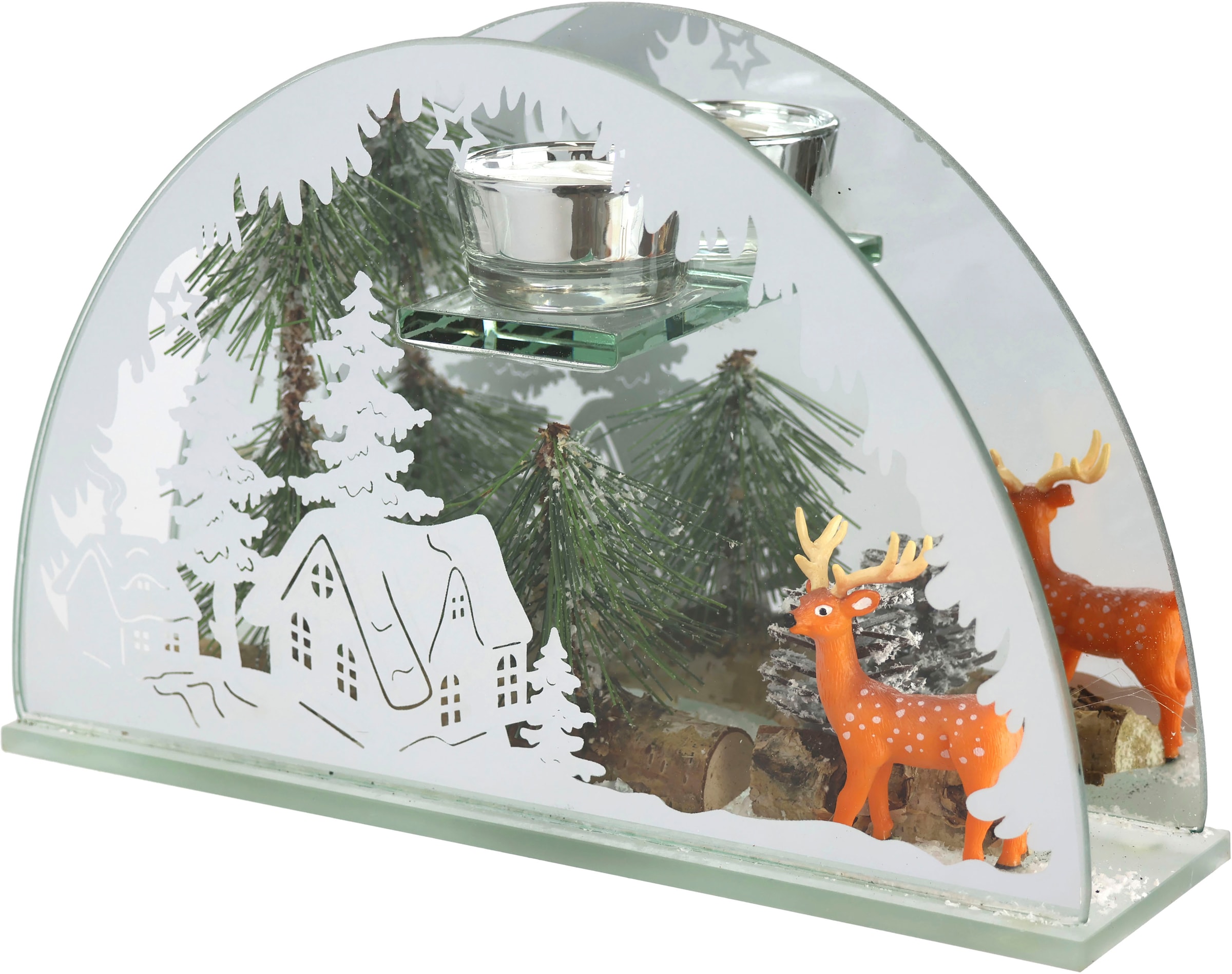 I.GE.A. Teelichthalter »Weihnachtsdeko, Kerzenhalter, Deko-Objekt«, (1 St.), aus Spiegelglas, mit Hirsch-Deko in Winterlandschaft, Höhe ca. 15 cm